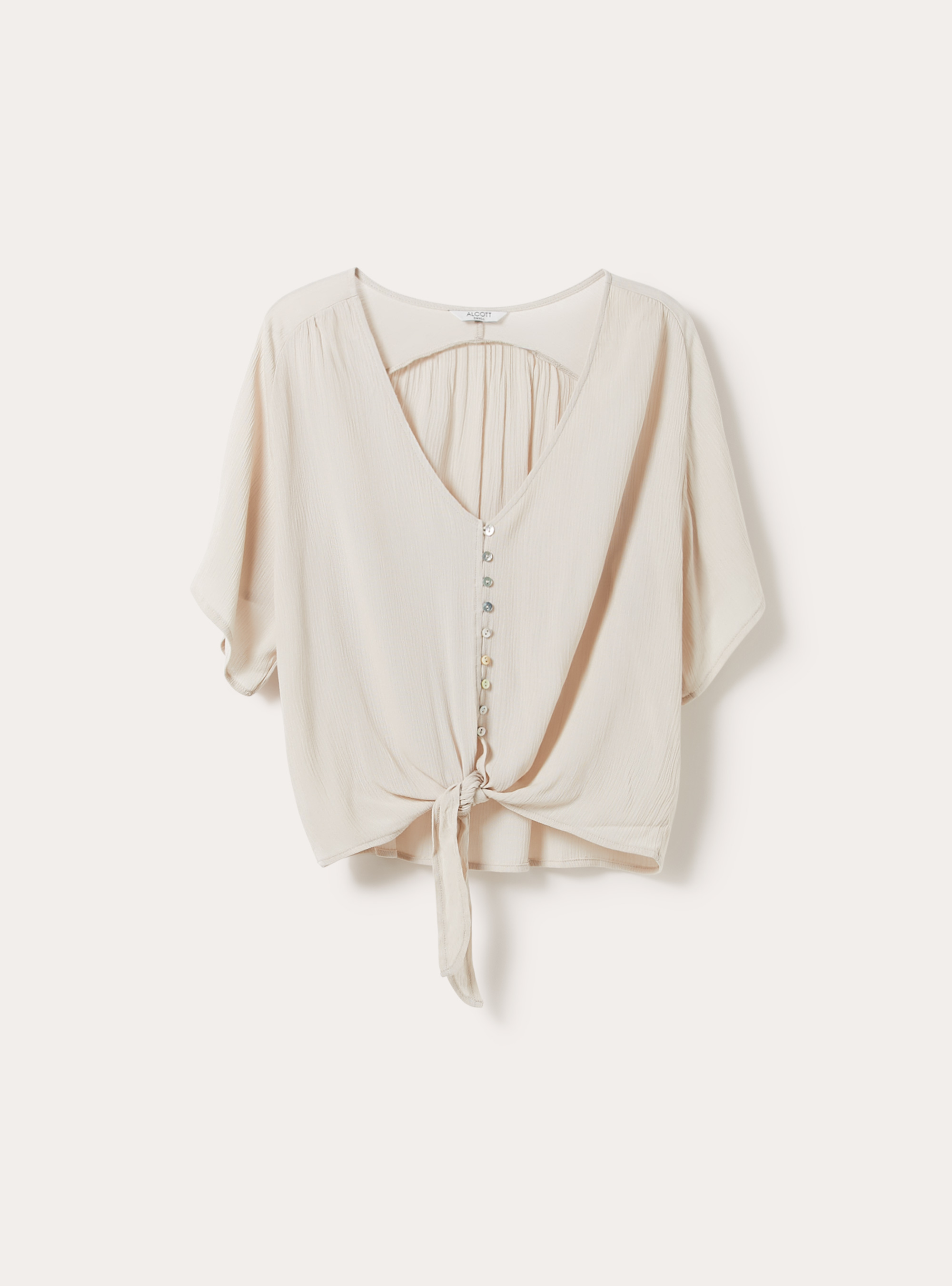 Solid color V-neck shirt with tie-waist, BG3 BEIGE LIGHT