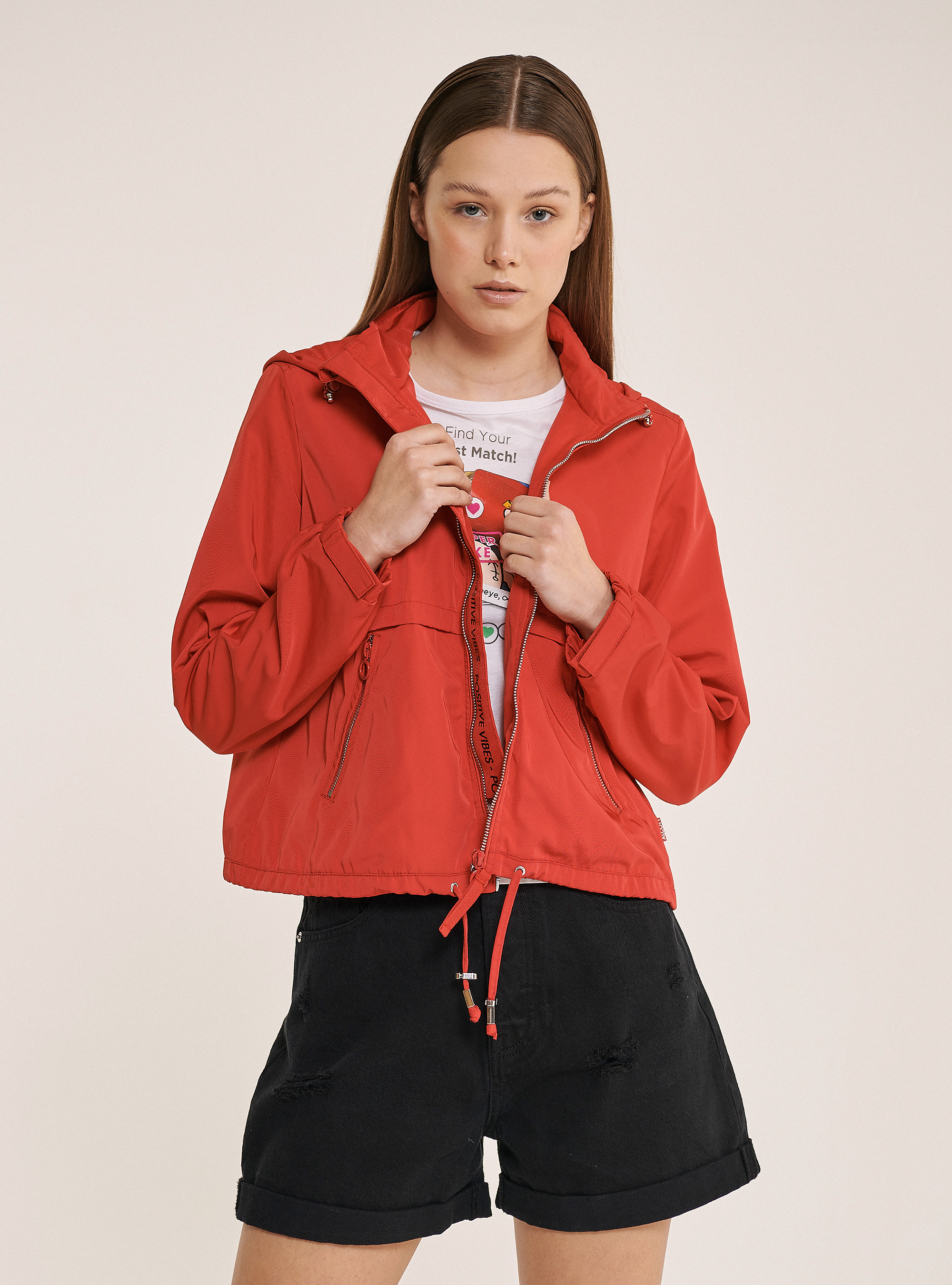 Solid colour windproof cropped jacket, C3344 RED