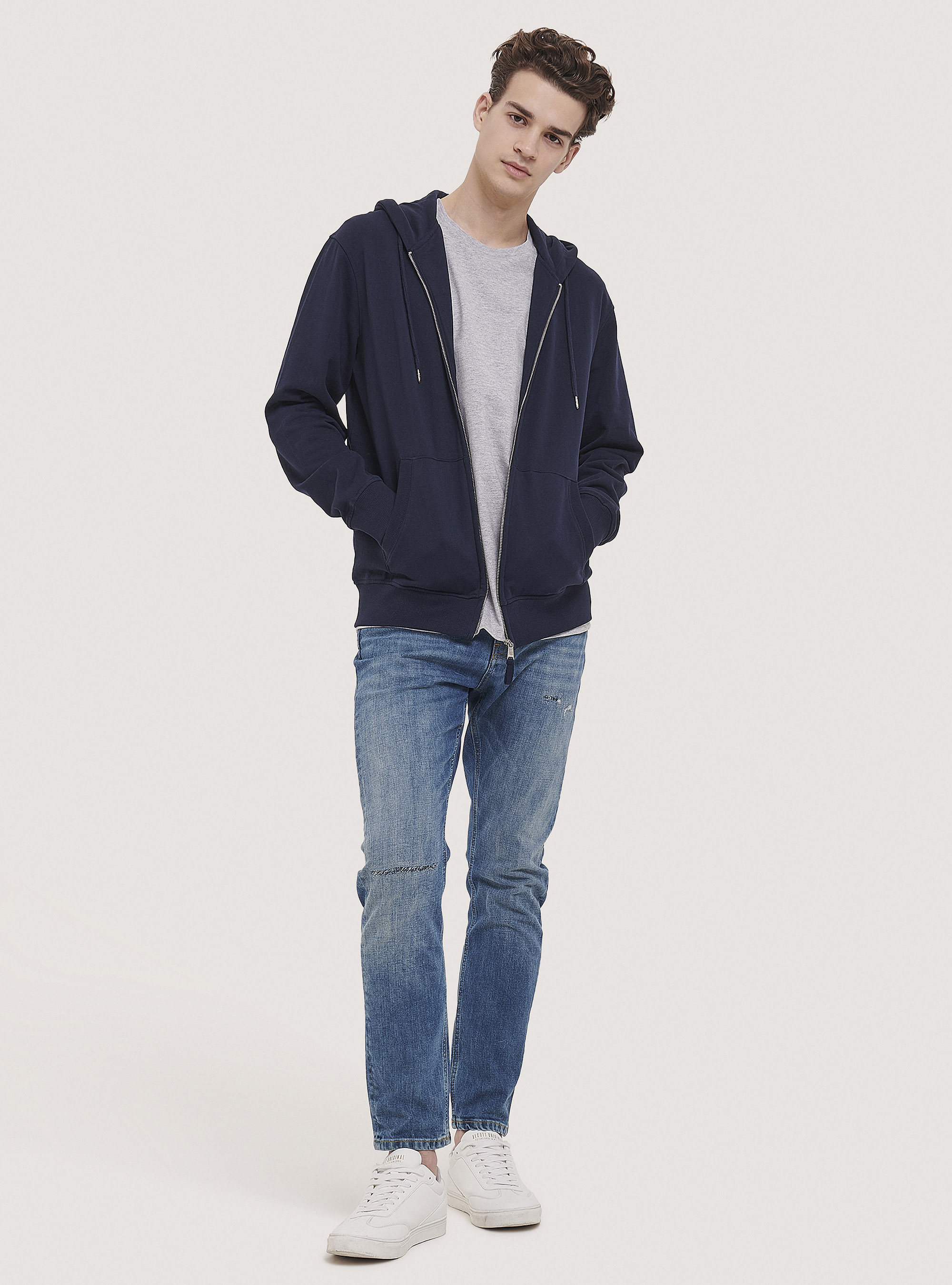 Basic hooded sweatshirt in cotton, BLUE