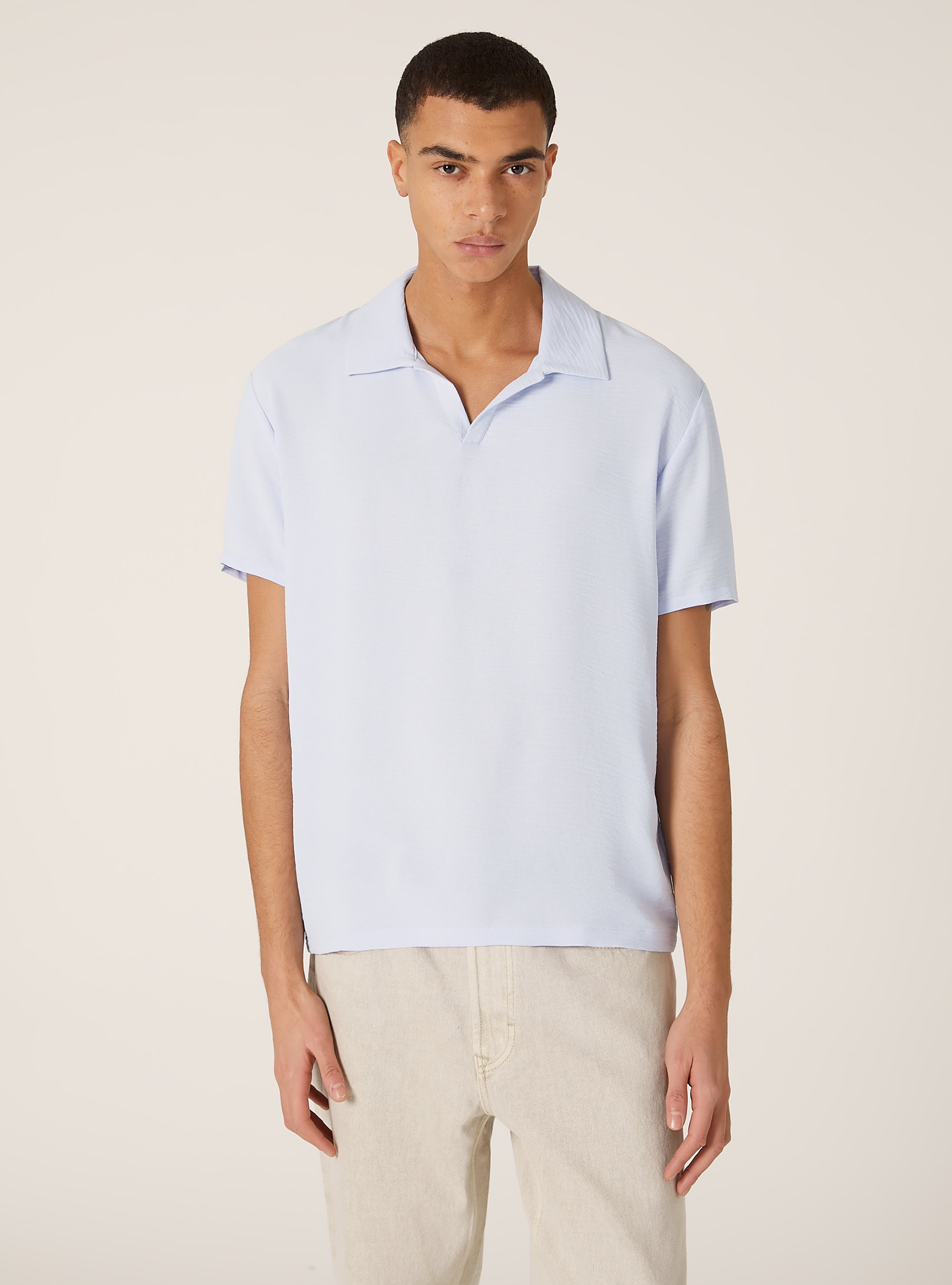 Crepe polo shirt with open collar, AZ1 AZURE DARK