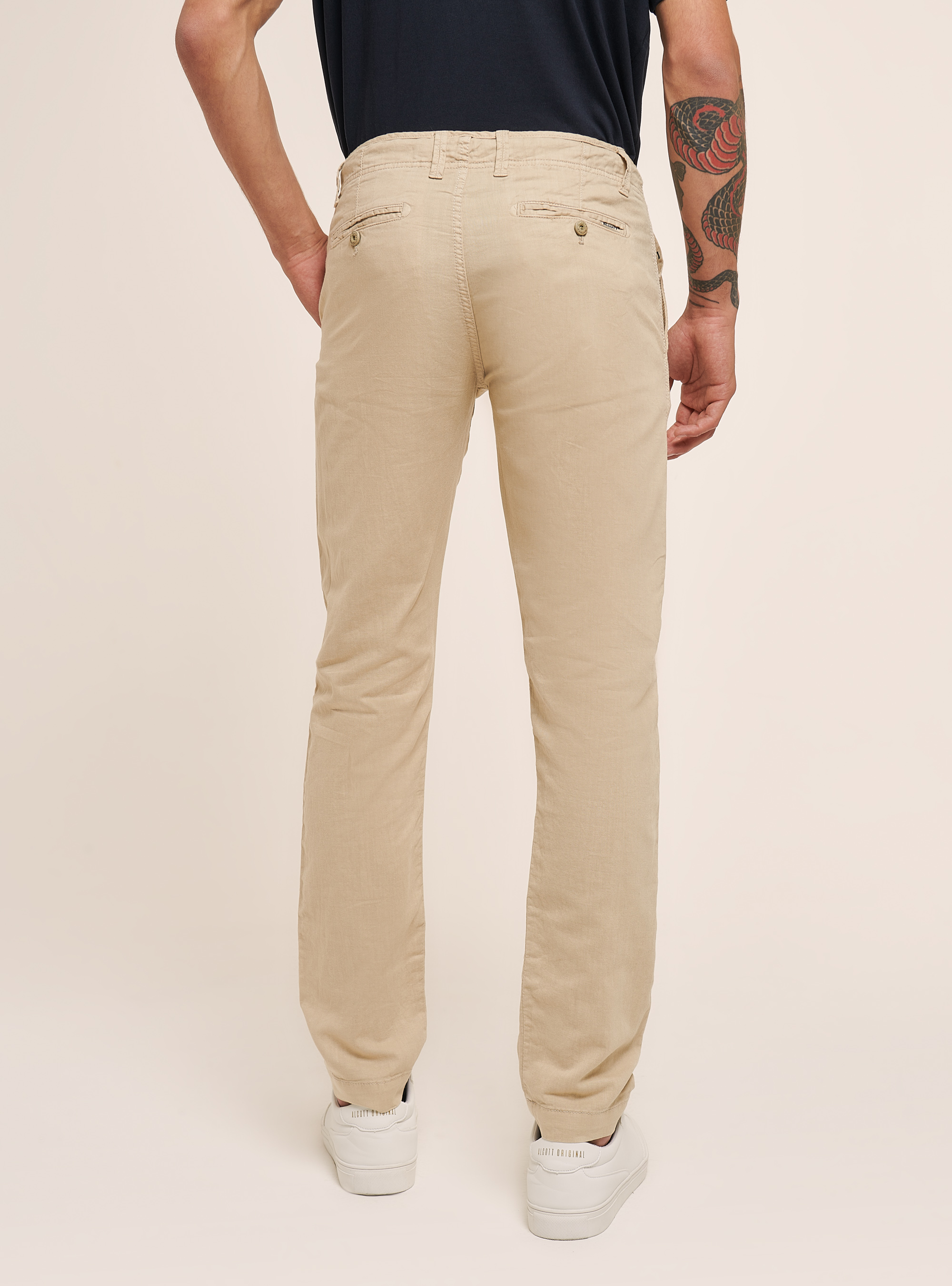 Chino en lin m&eacute;lang&eacute; avec cordon de serrage &agrave; la taille, C5558 BEIGE