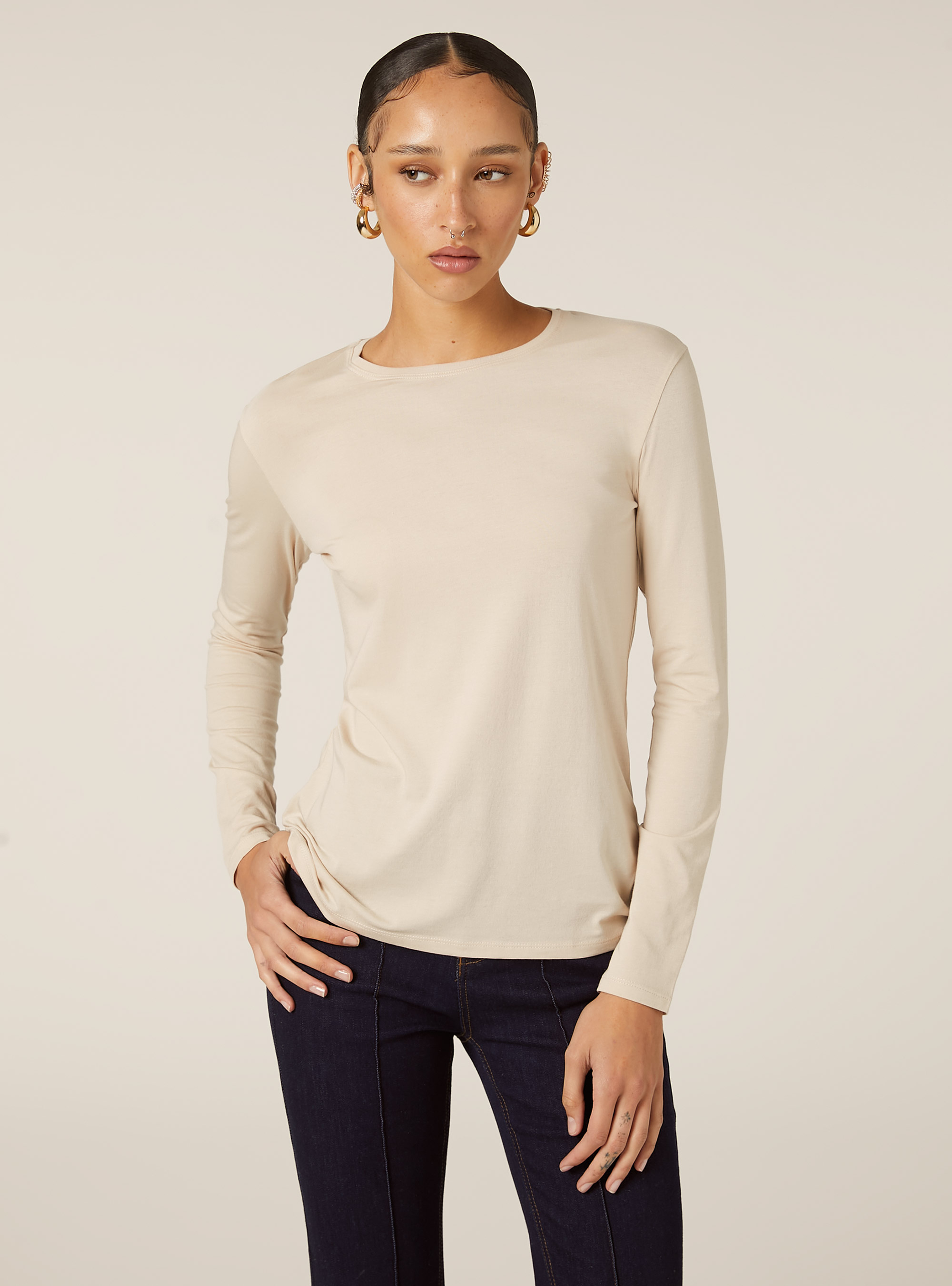 Camiseta básica de manga larga, BG3 BEIGE LIGHT