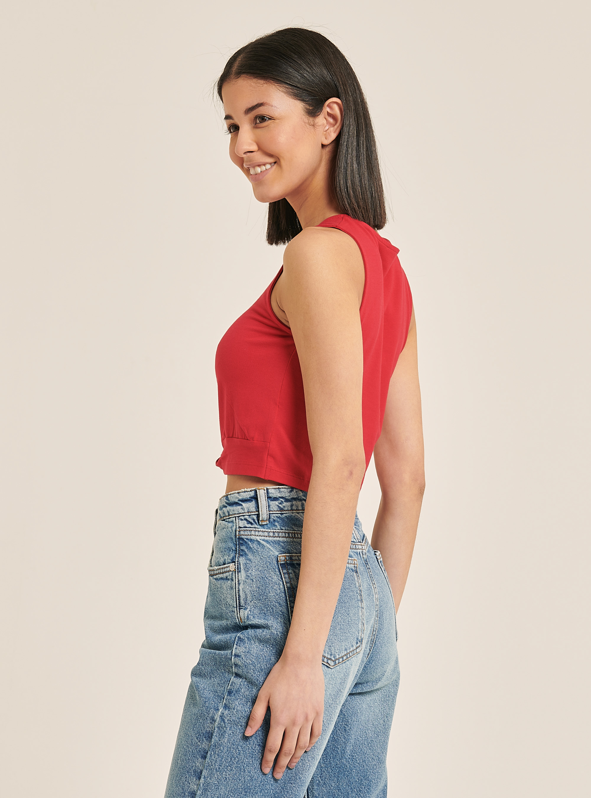 Basic tank top with knot in cotton, C3376 RED