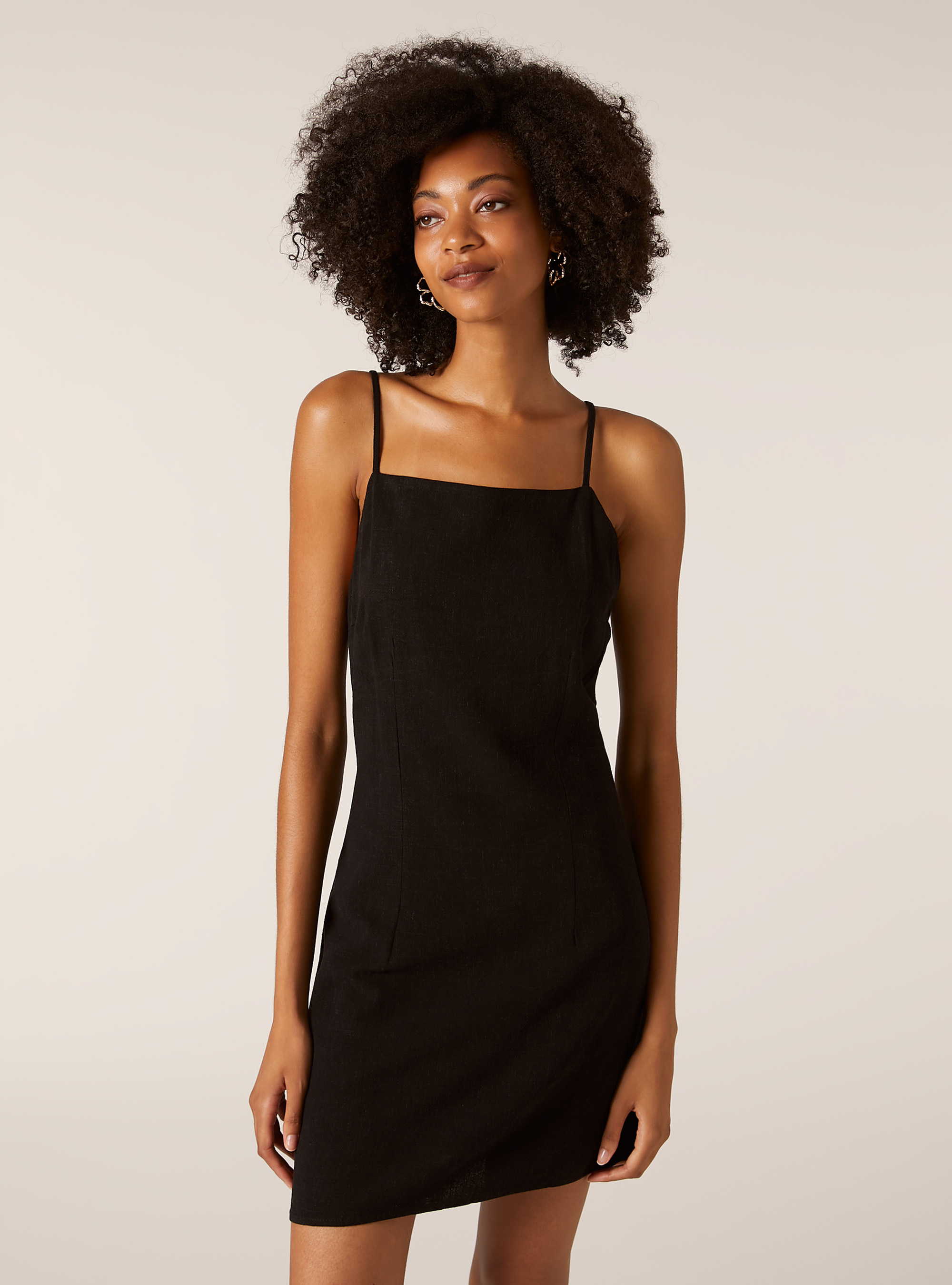Robe en lin m&eacute;lang&eacute; avec encolure licou, BK1 BLACK