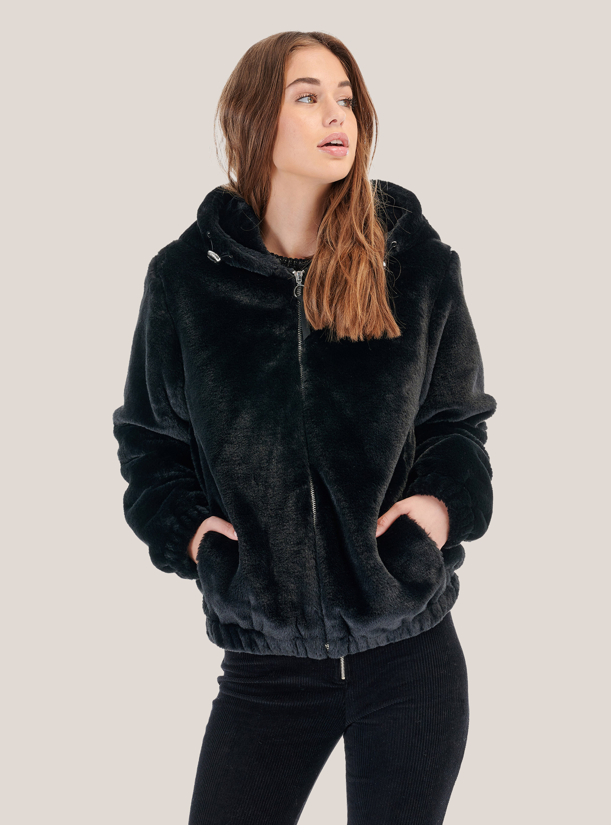 Faux fur jacket with hood, C101 BLACK
