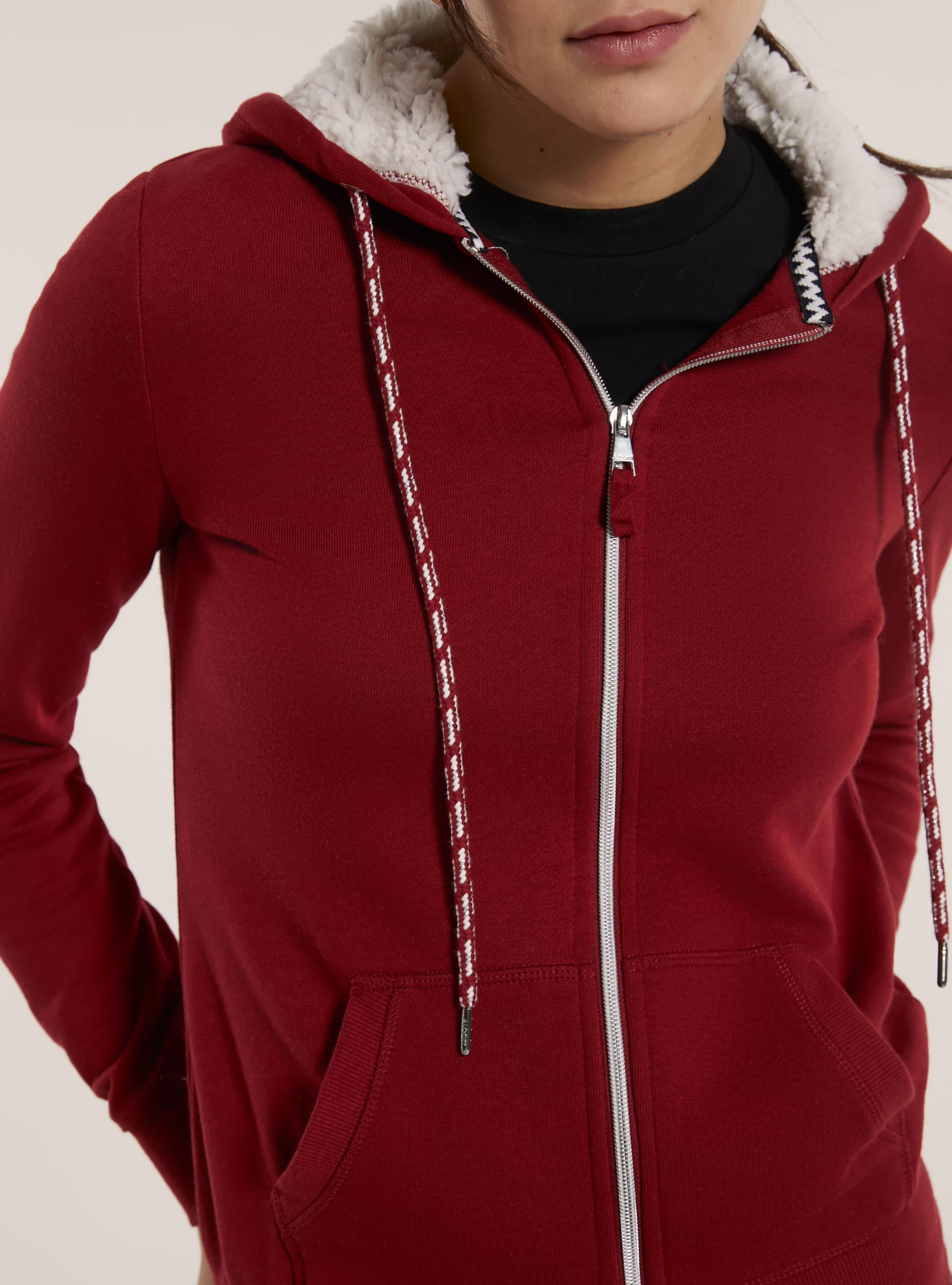 Sweatshirt with zip and faux fur hood, BORDEAUX