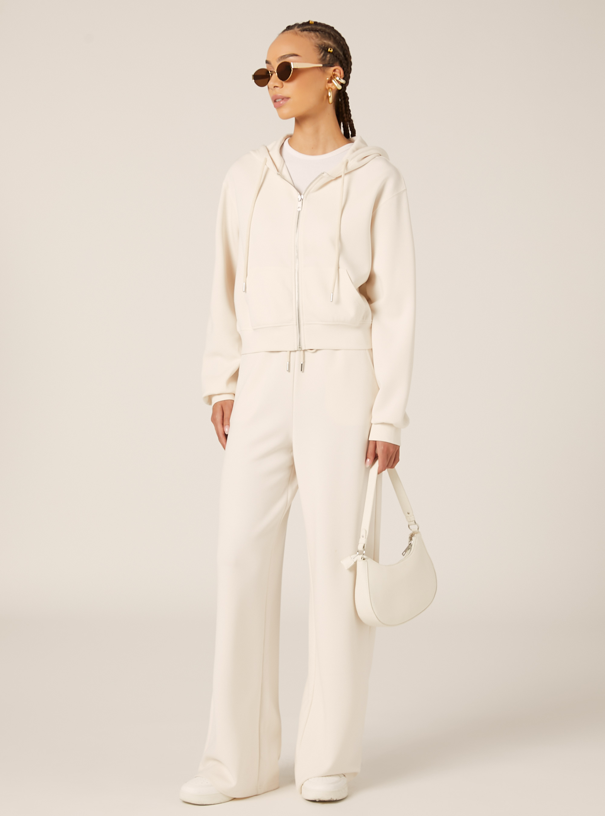 Sweat-shirt zippé court au toucher doux, CR3 CREAM LIGHT