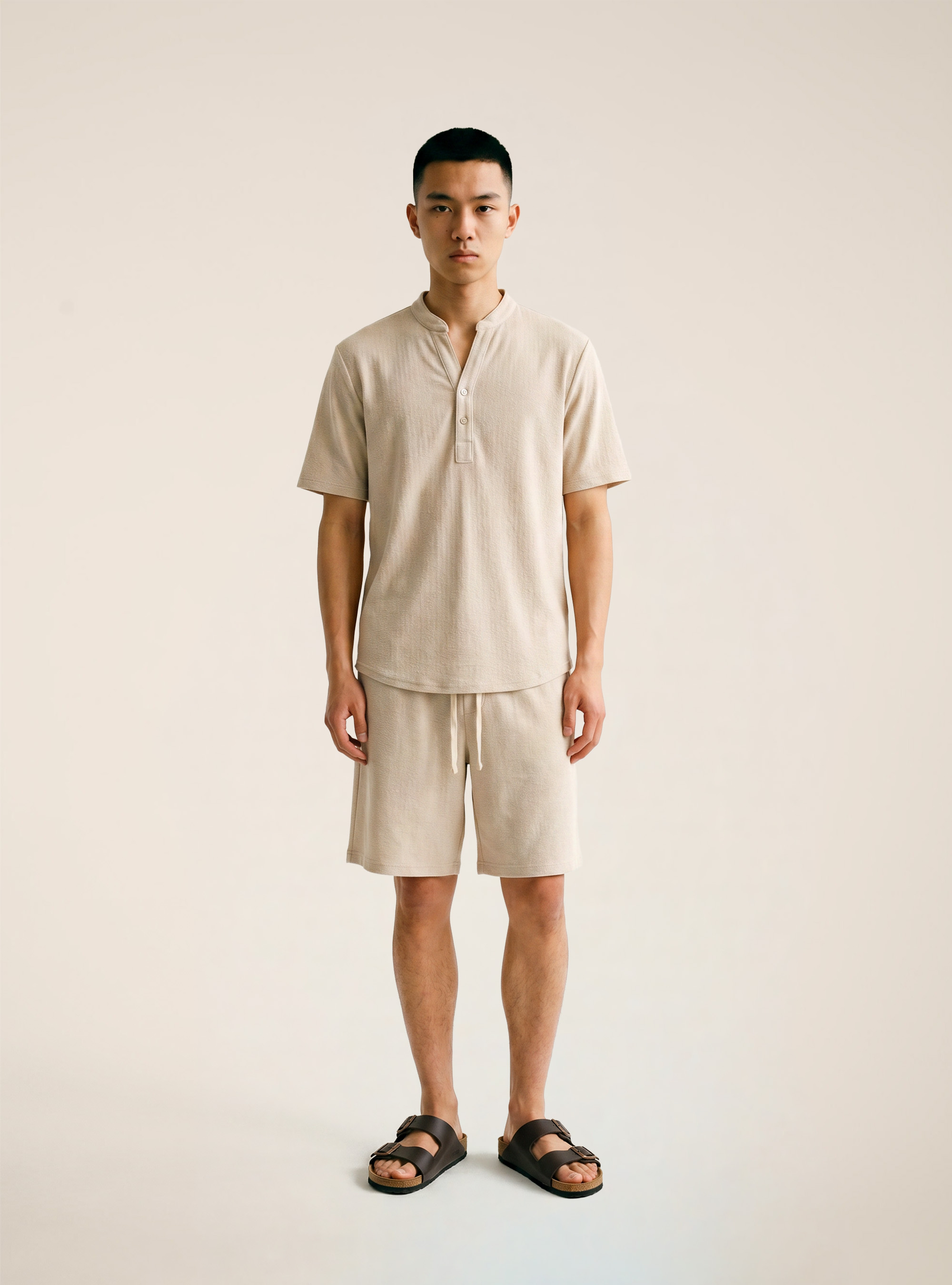 Camicia collo coreano mezza placchetta in jersey, BG3 BEIGE LIGHT