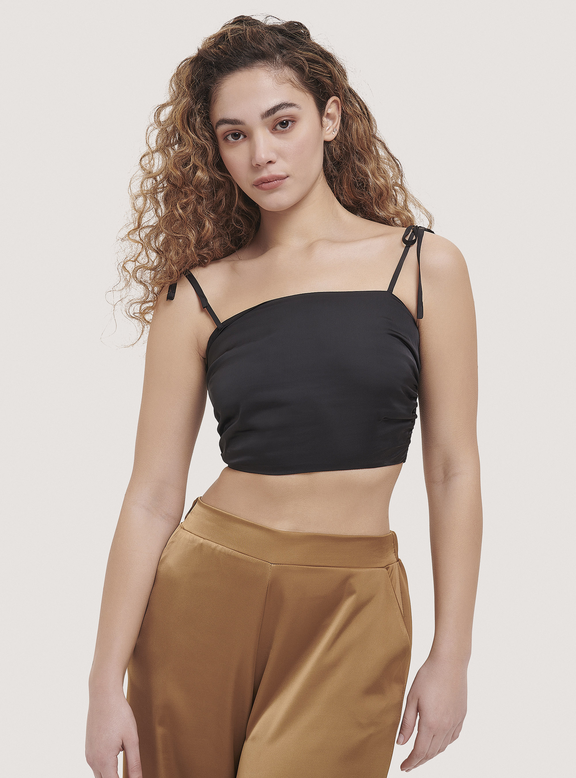 Cropped satin top, BK1 BLACK