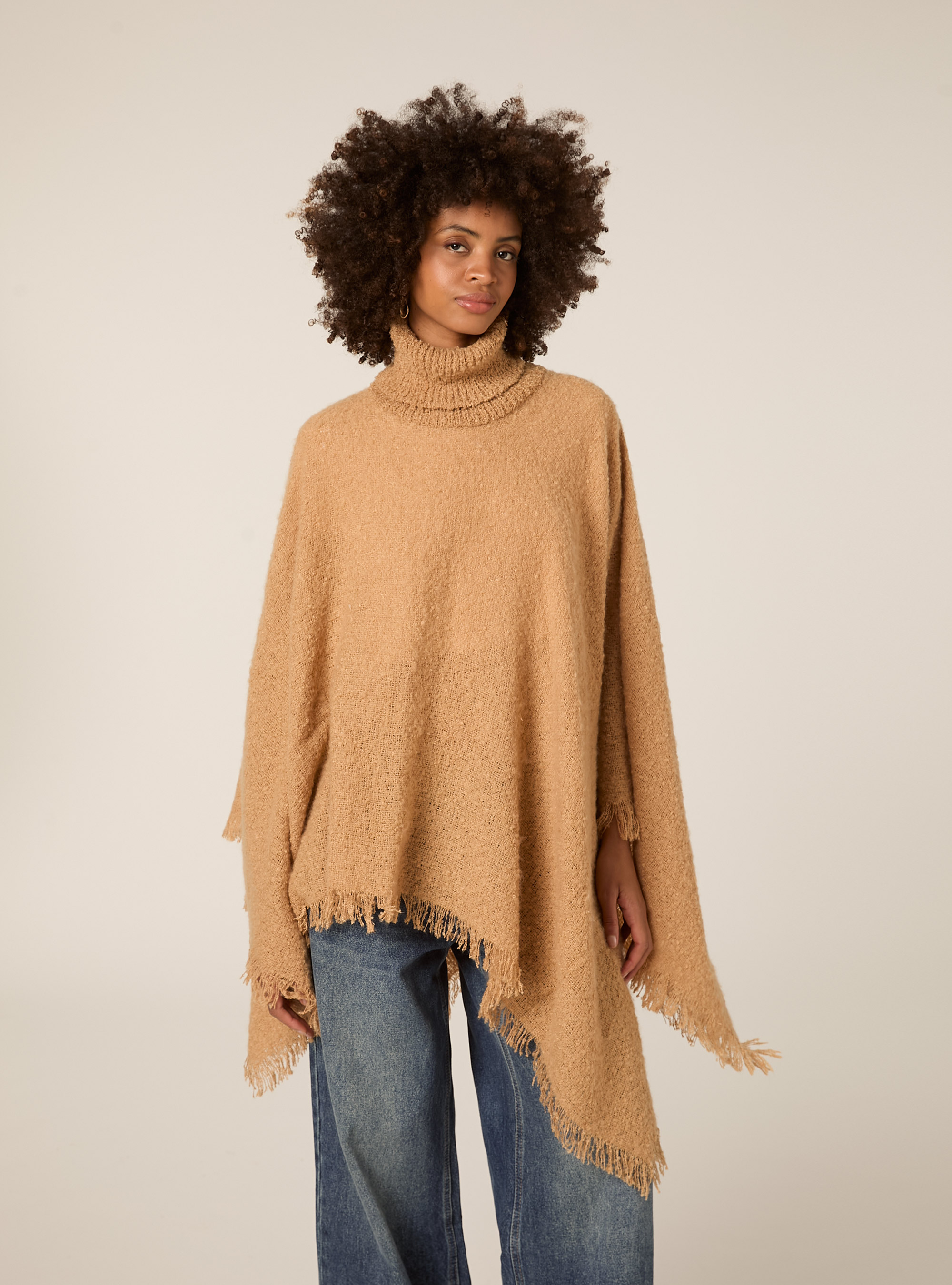 Poncho doux au toucher à col montant, MBG3 BEIGE MEL LIGHT