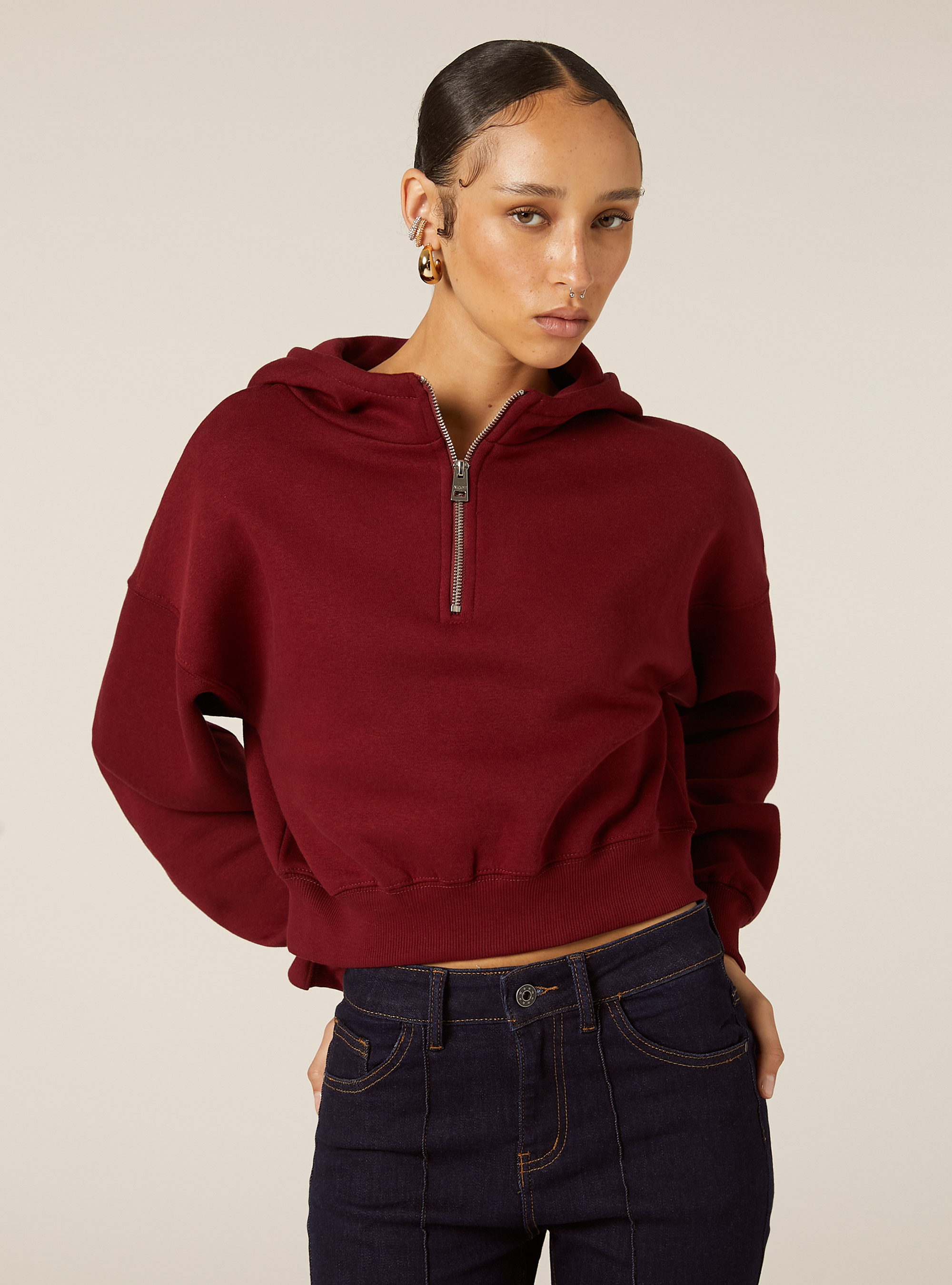 Boxy fit sweatshirt with half zip, BO1 BORDEAUX DARK