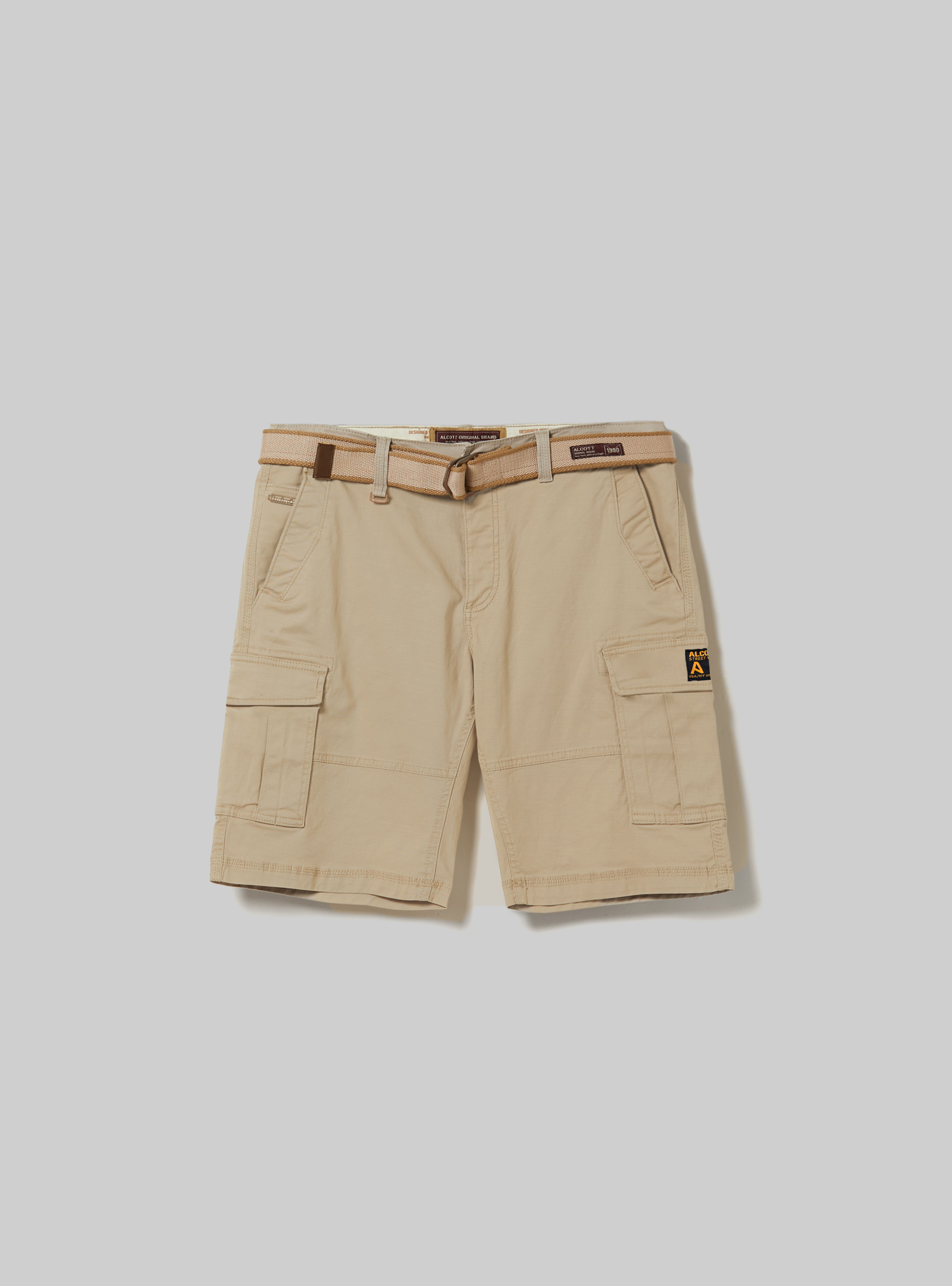 Cotton cargo bermuda shorts with canvas belt, SA2 SAND MEDIUM