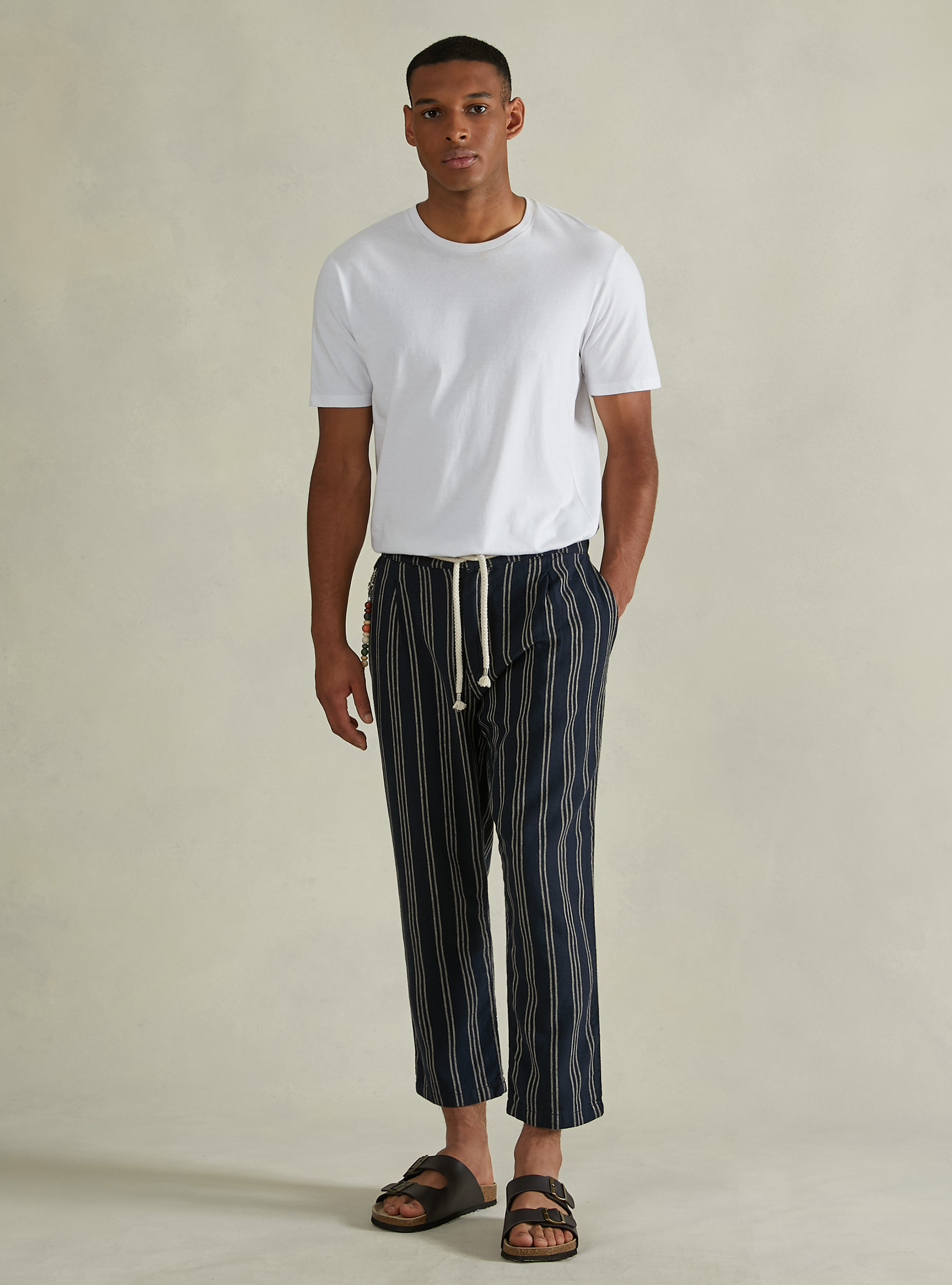 Linen blend trousers with striped drawstring, NA1 NAVY DARK