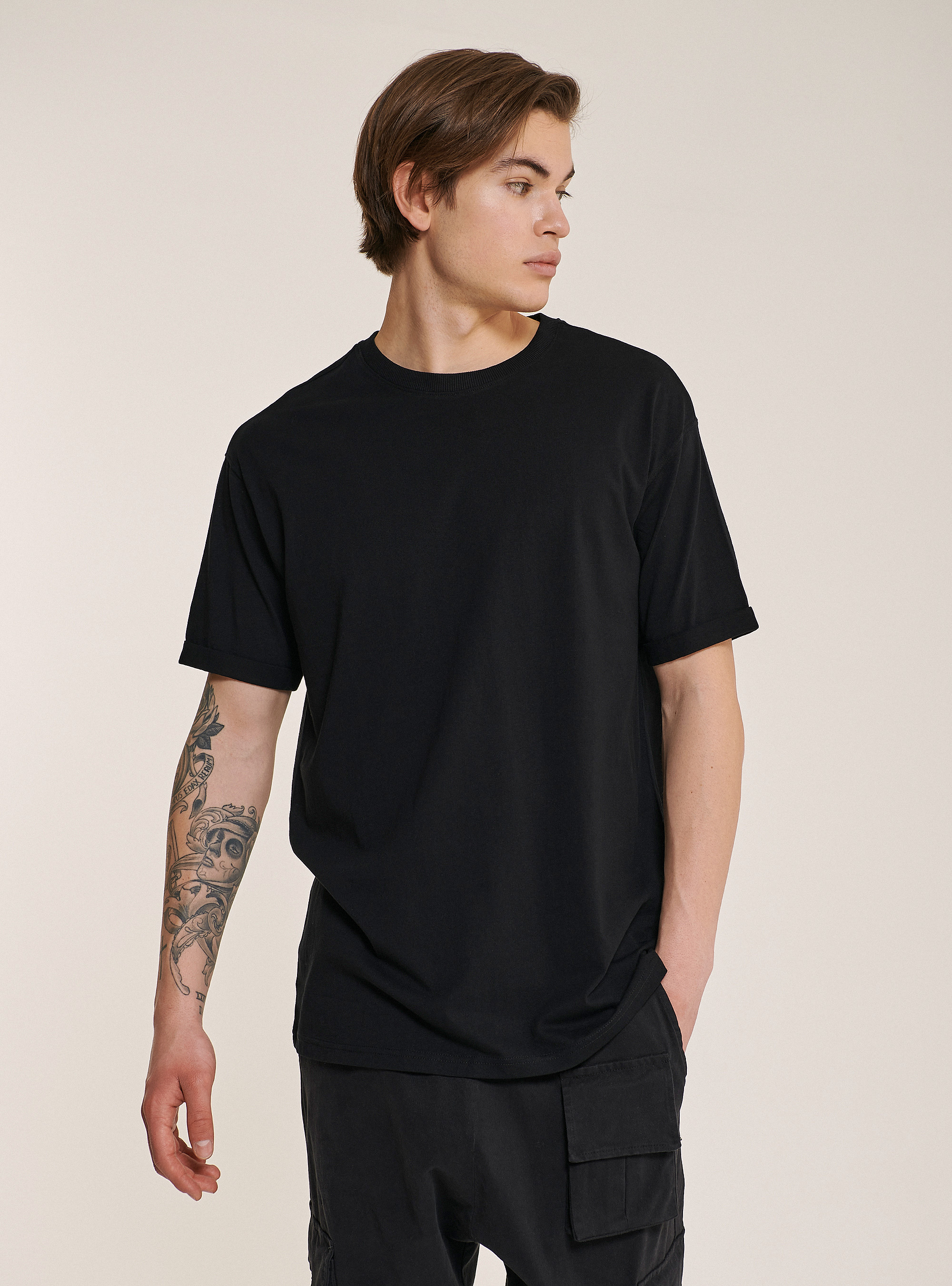 Maglietta girocollo in cotone oversize, NERO