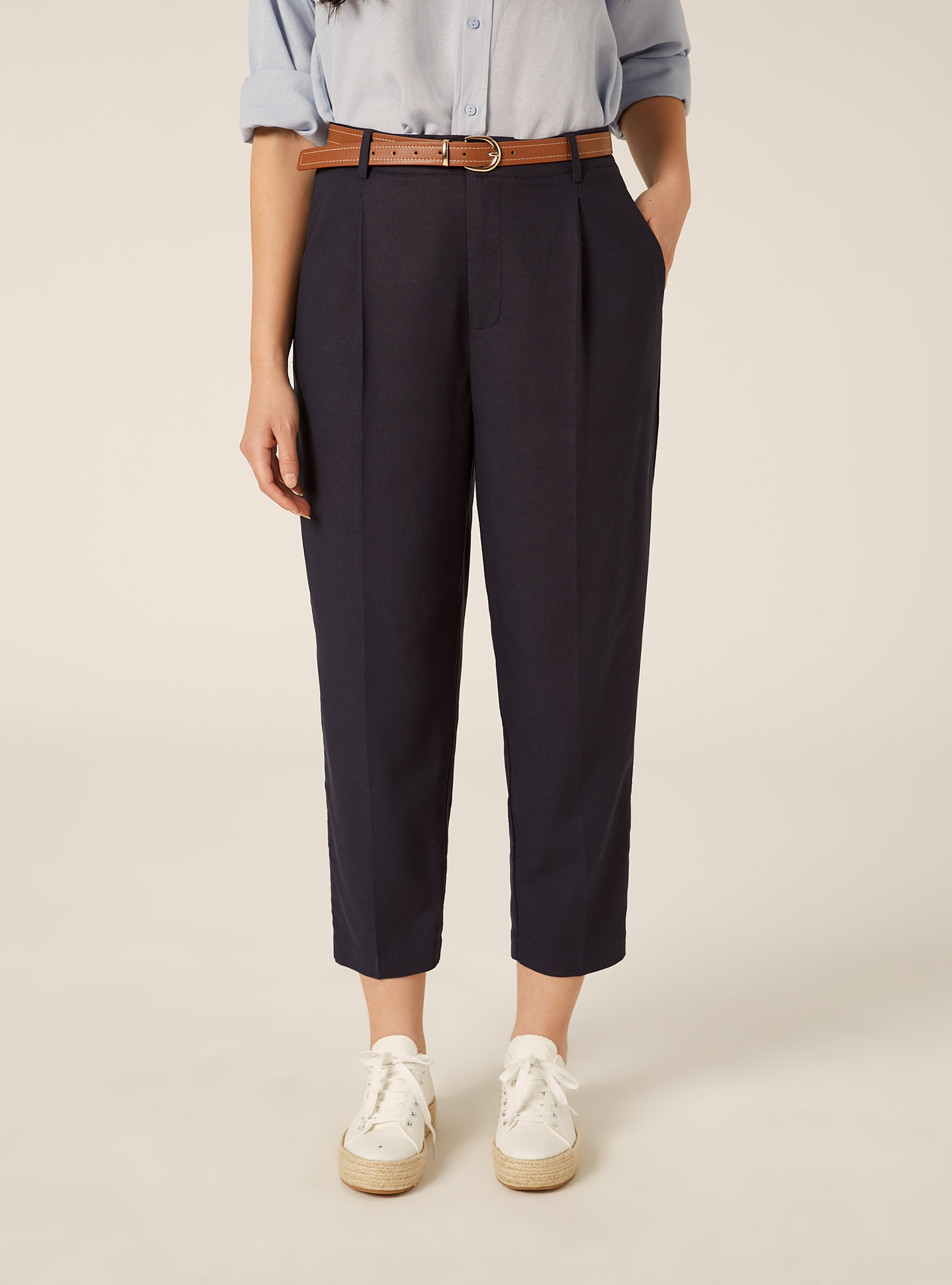 Pantaloni dritti in misto lino con cintura, NA2 NAVY MEDIUM