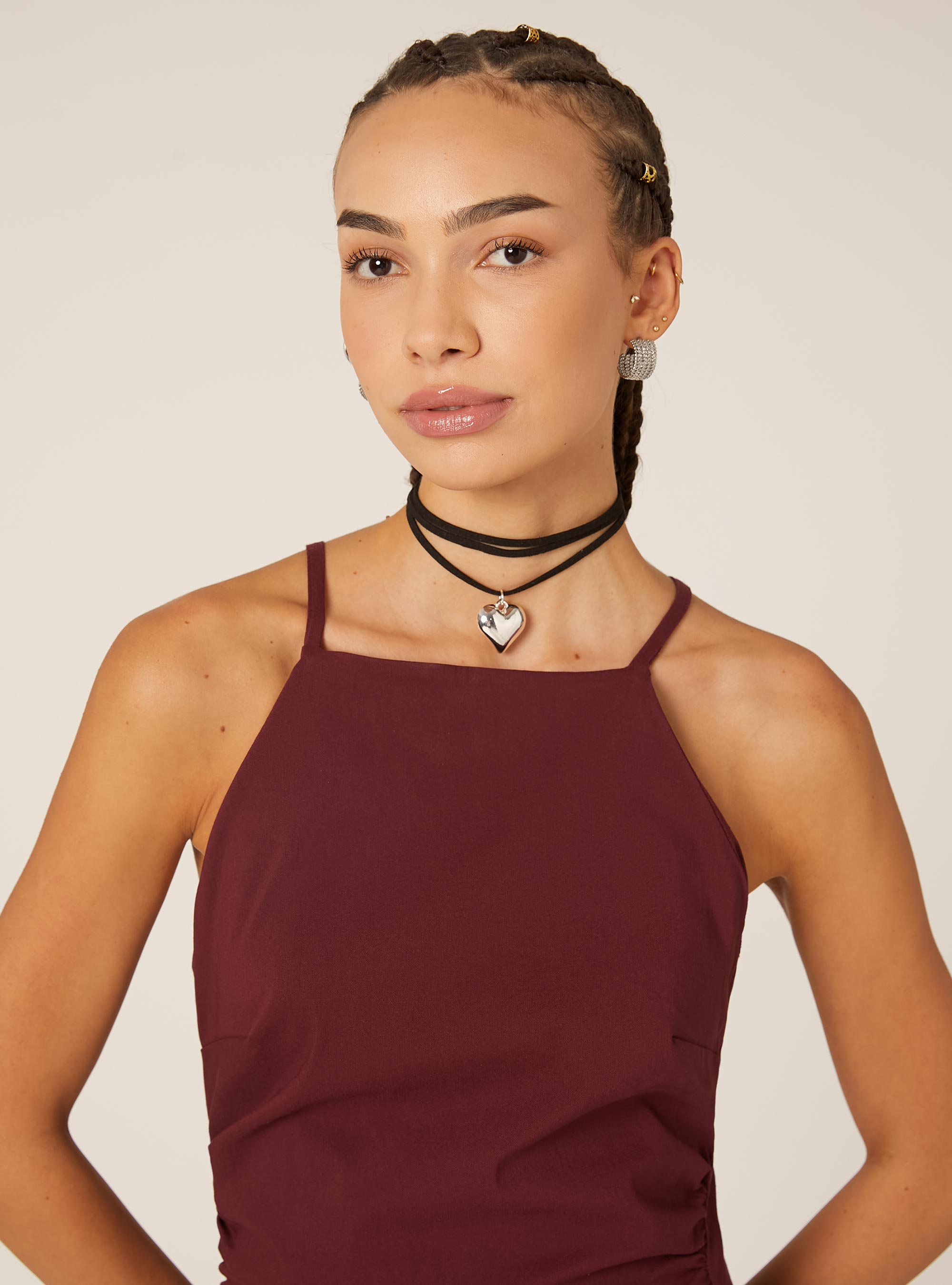 Vestito midi con collo halter, BO2 BORDEAUX MEDIUM