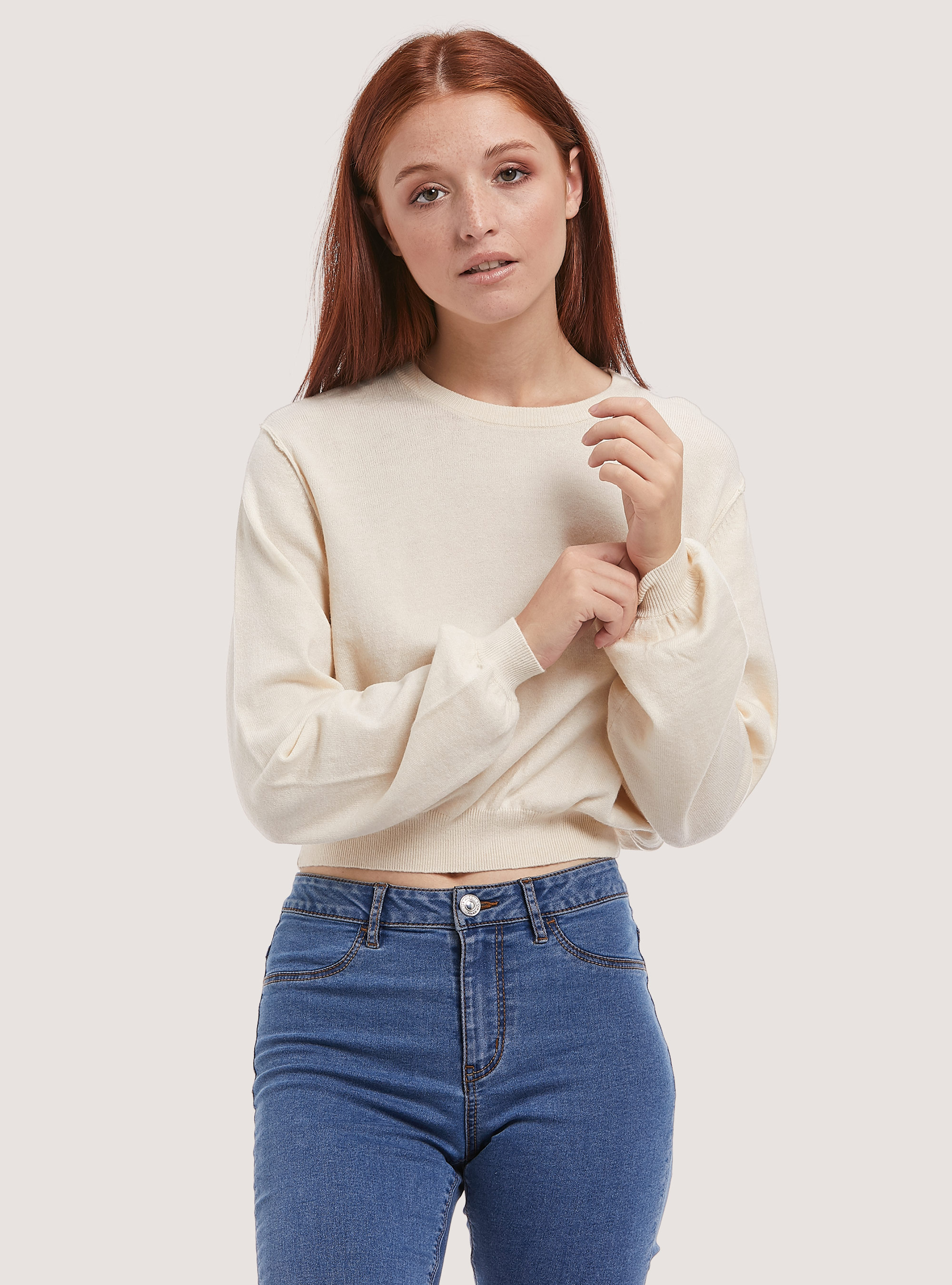 Jersey corto con mangas abullonadas, C034 CREAM