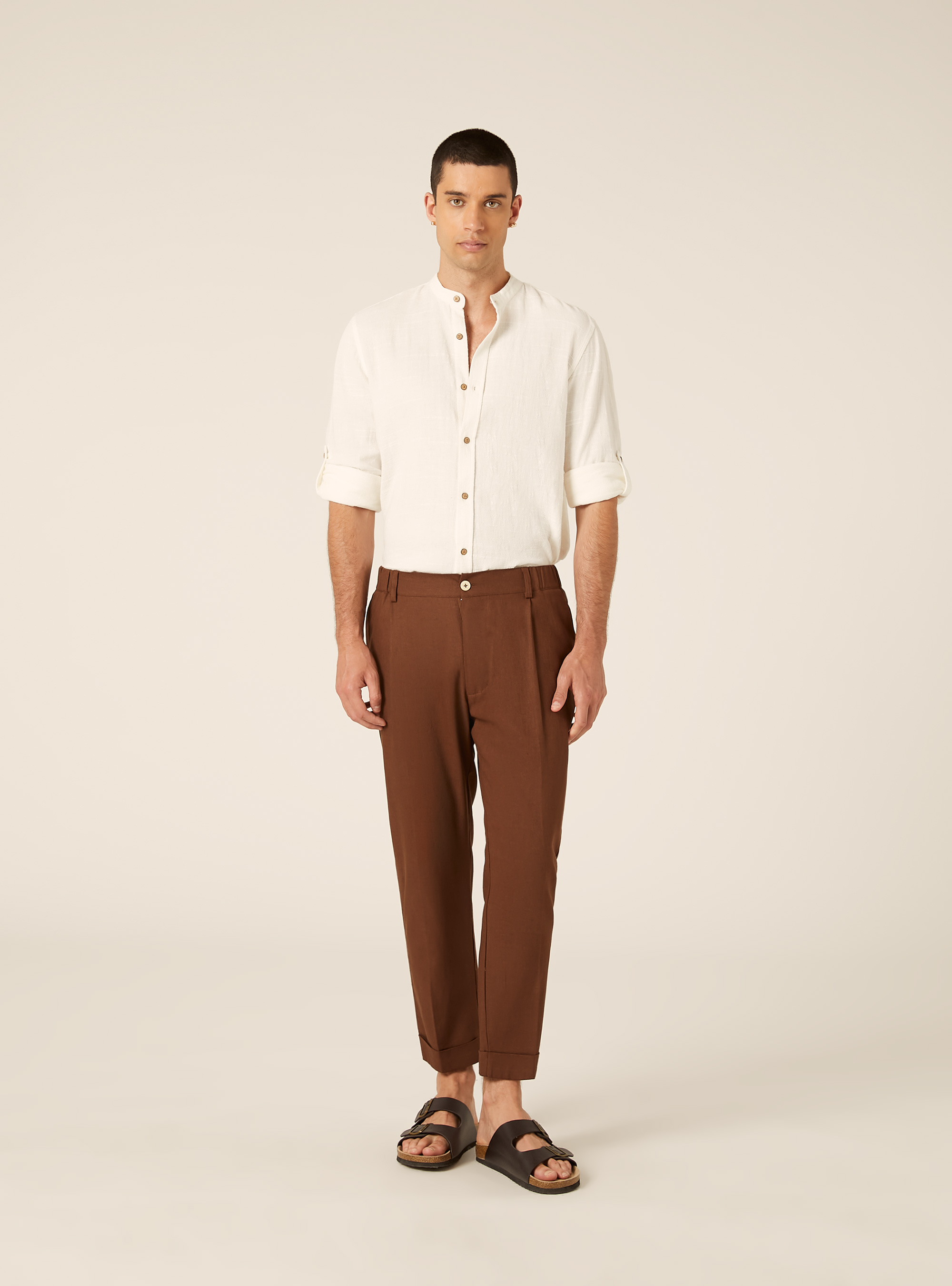 Pantaloni una pince misto lino, BR1 BROWN DARK