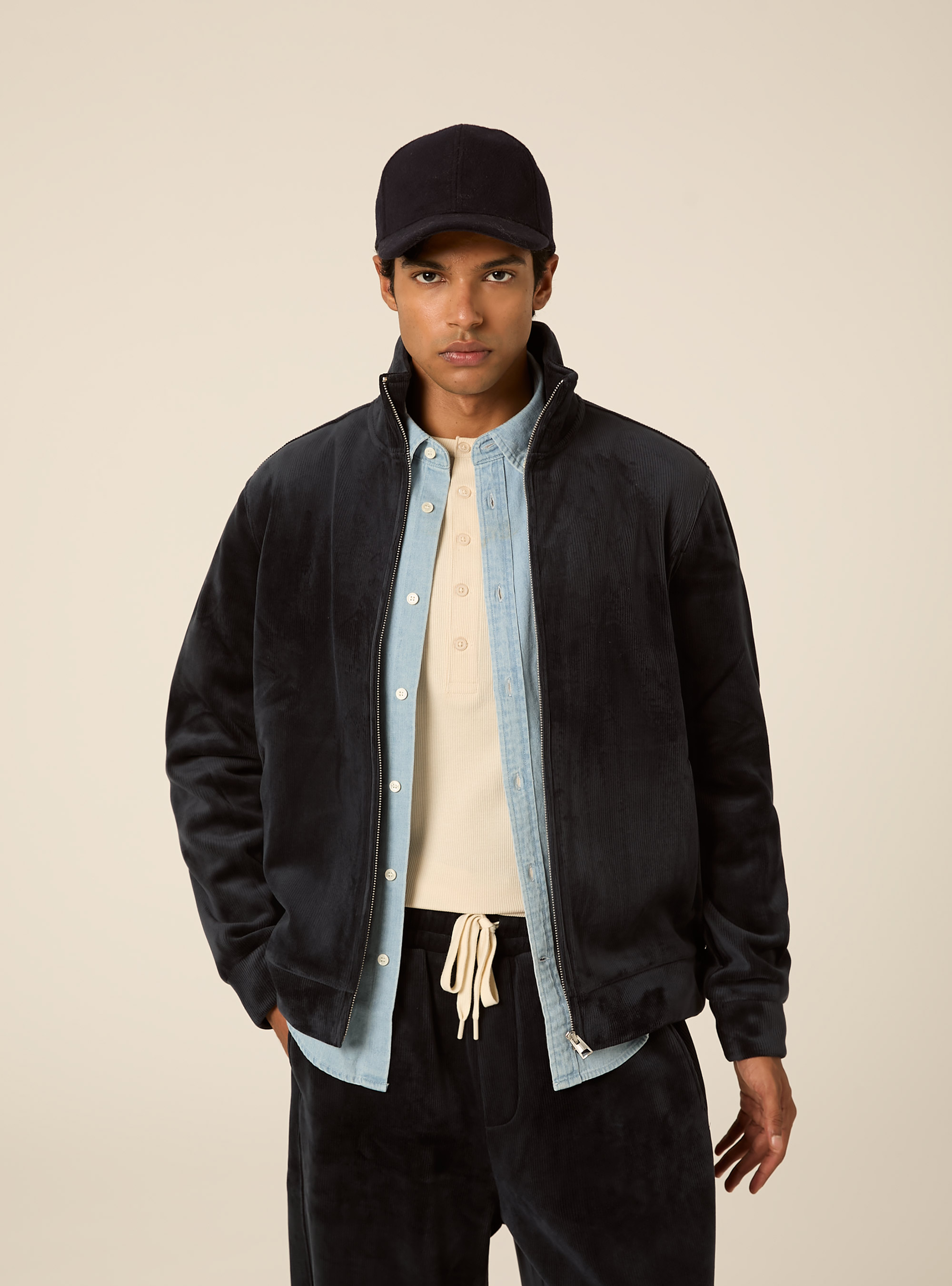 Zip up corduroy cardigan with high neck, NA2 NAVY MEDIUM