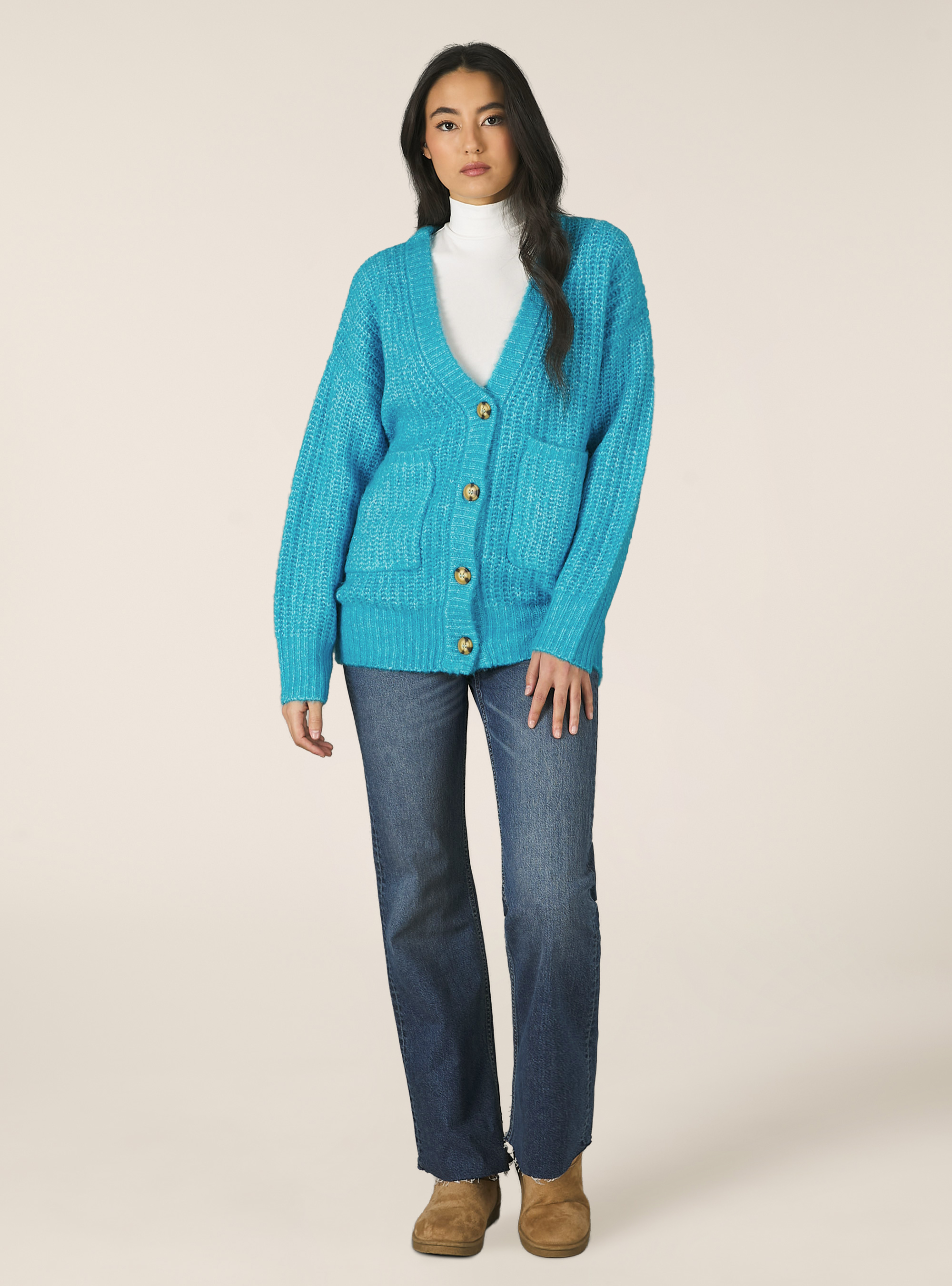 Ribbed cardigan pullover, MAZ2 AZURE MEL MEDIUM