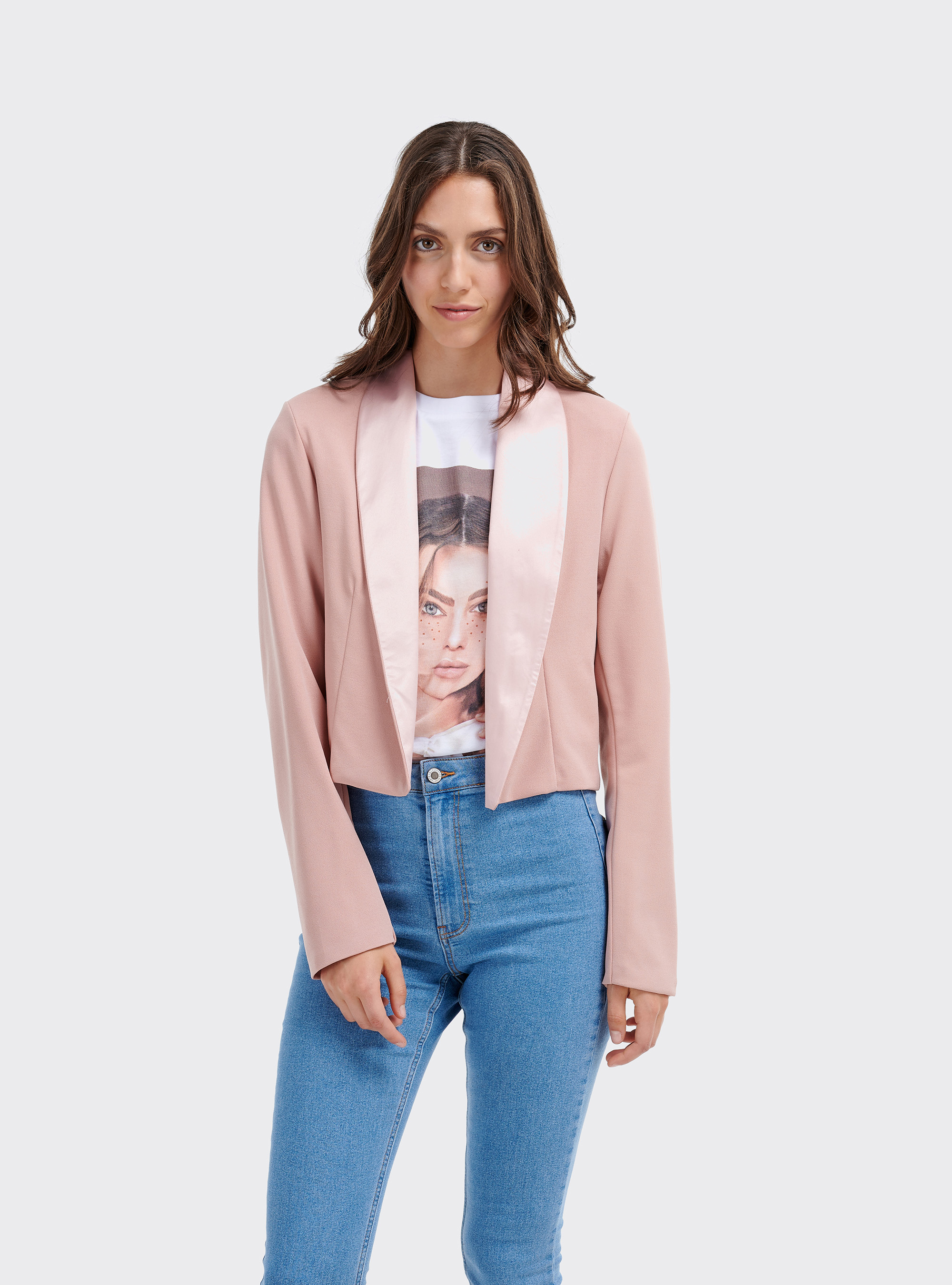 Blazer cropped con rever in ras, C4404 PINK