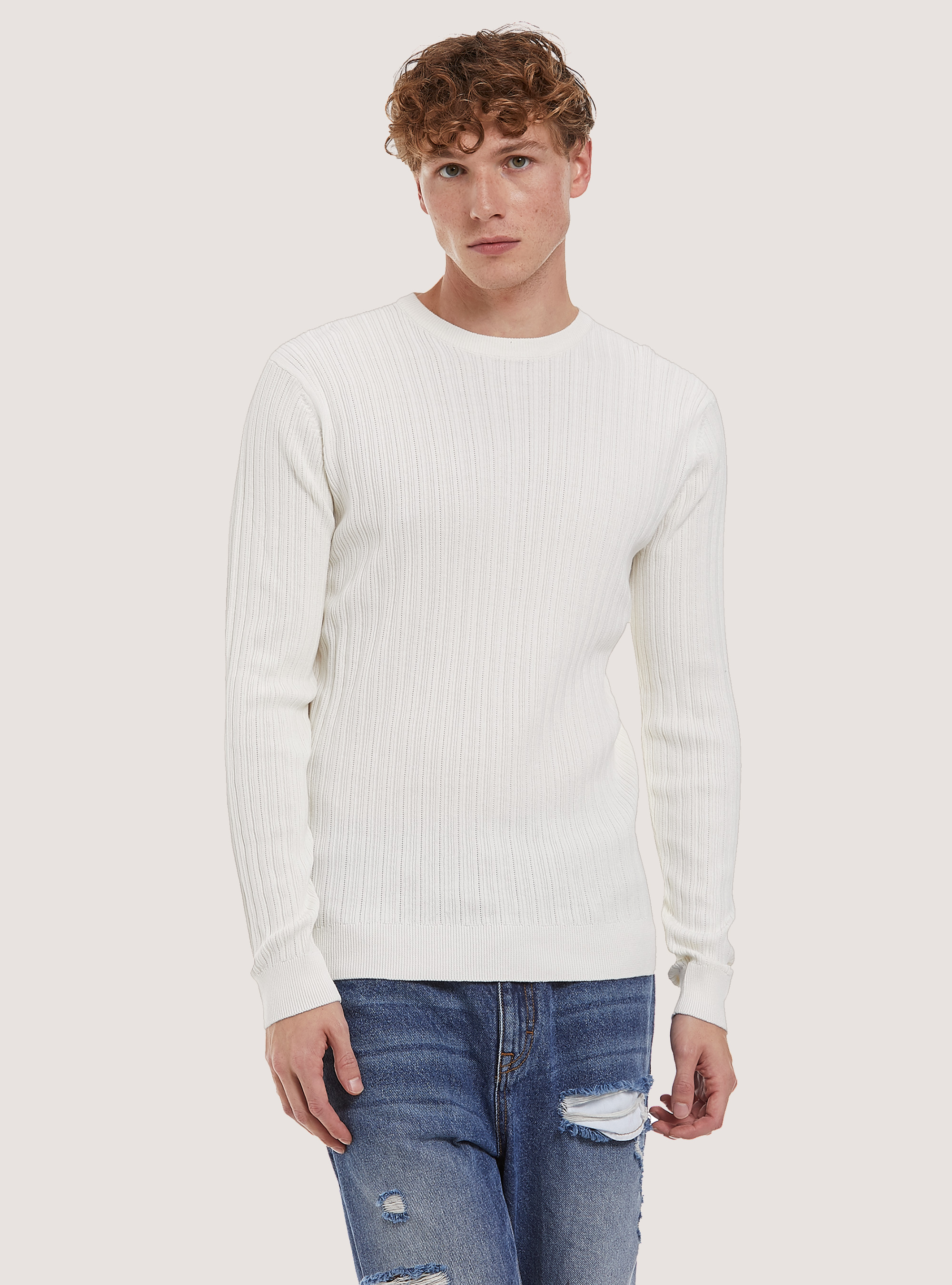 Crew-neck pullover with texture, WH2 WHITE