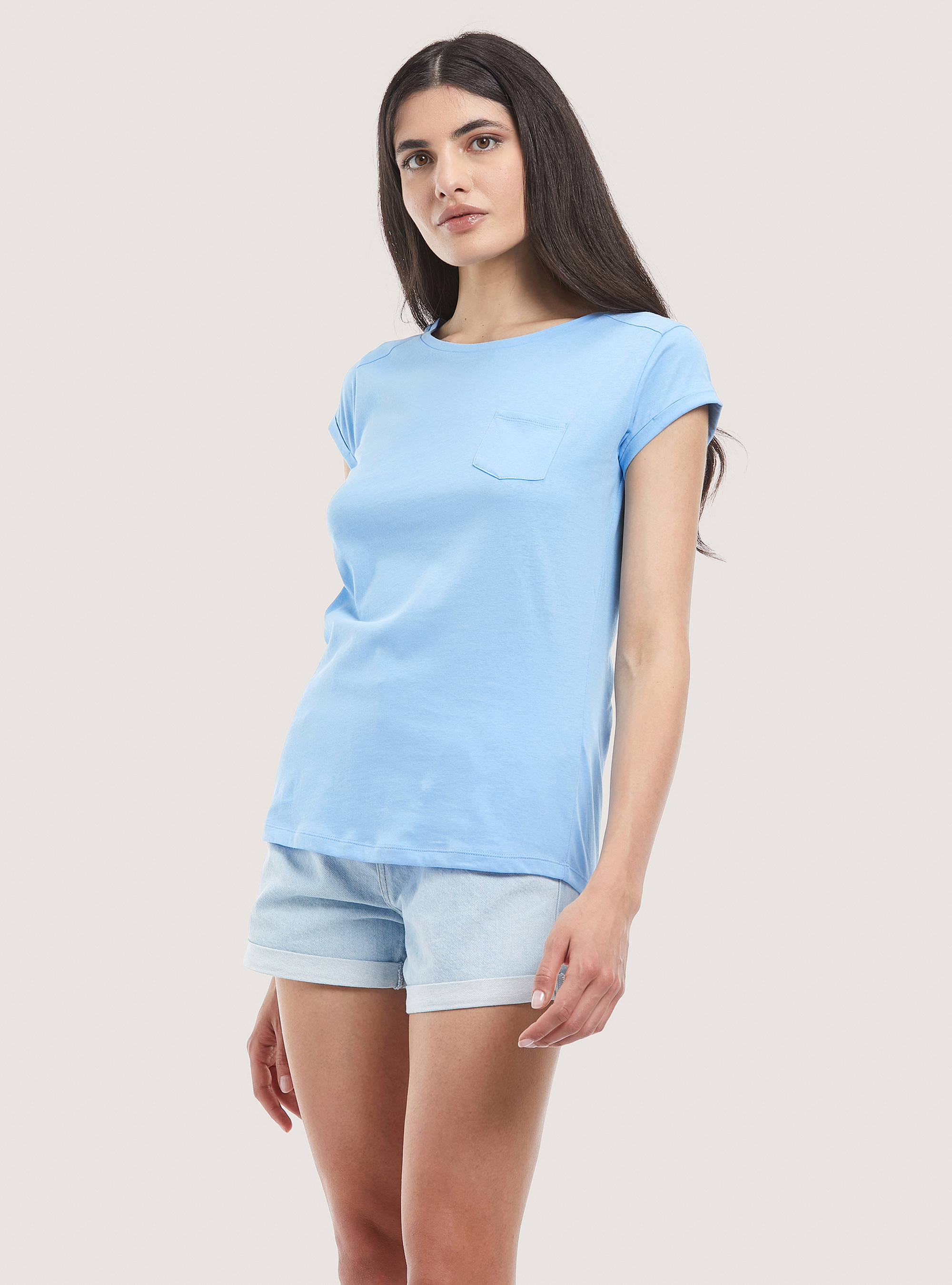Basic cotton T-shirt with breast pocket, AZURE