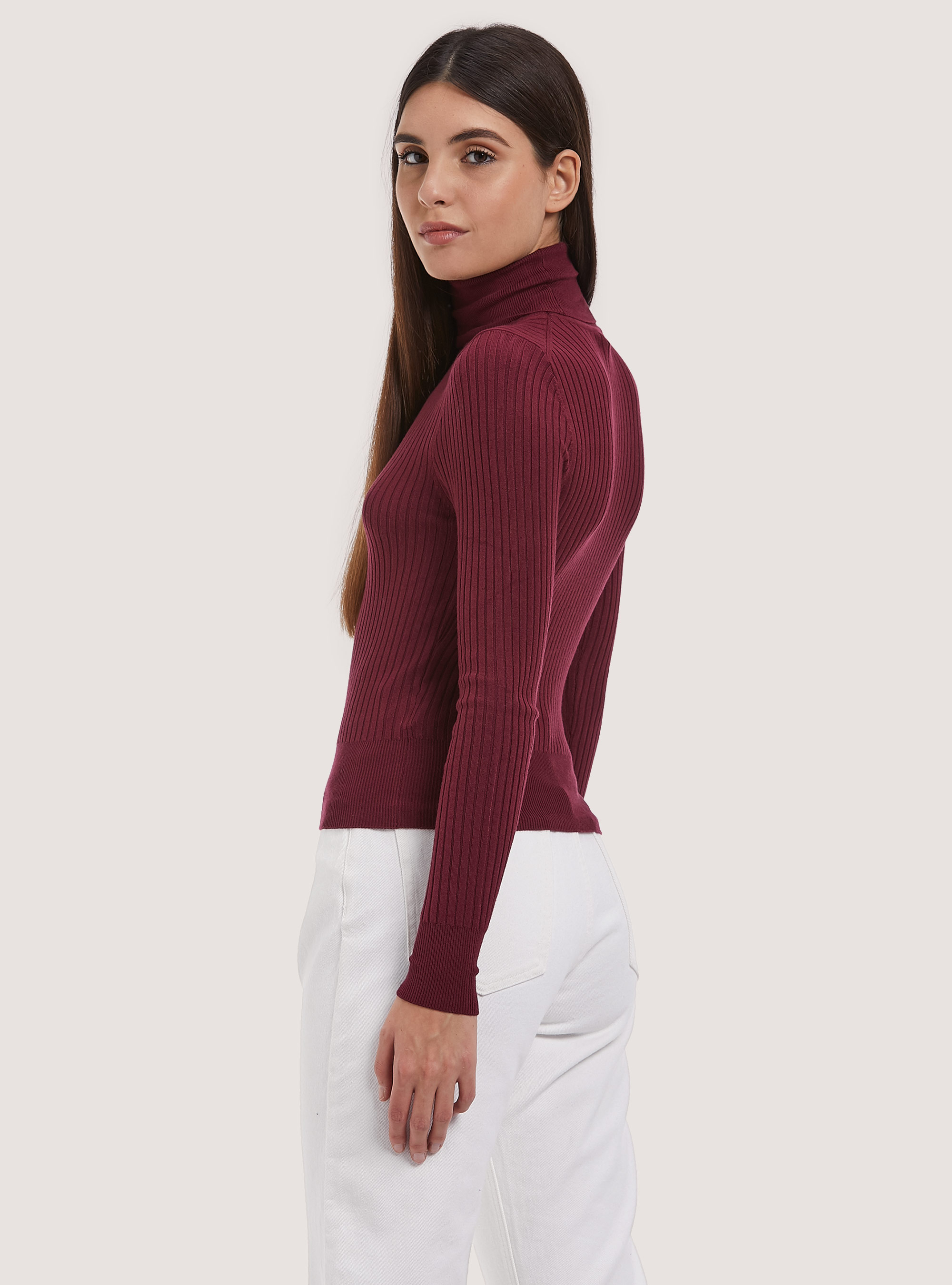 Pullover cropped a collo alto a coste, BO2 BORDEAUX MEDIUM