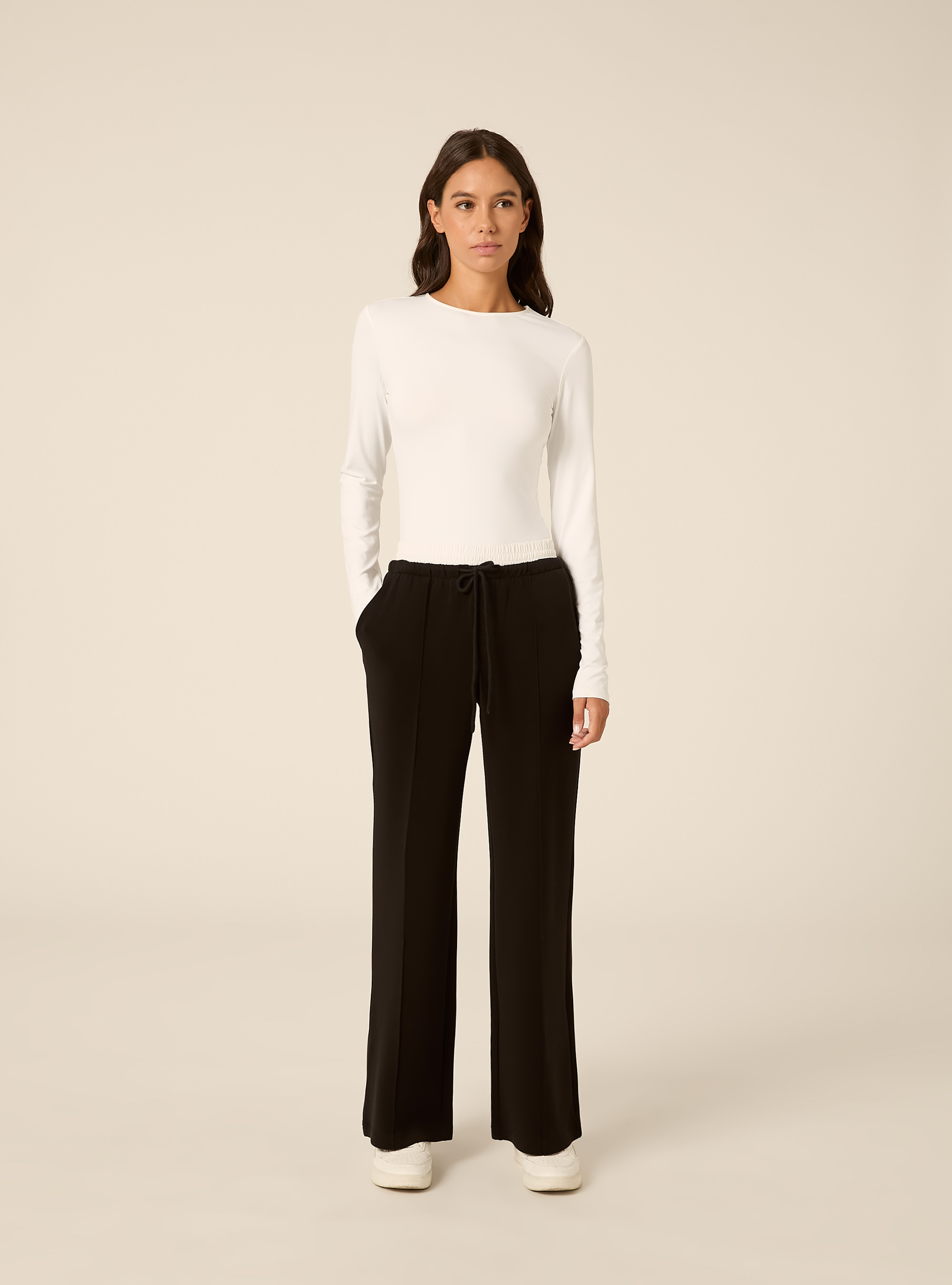 Wide leg hose aus scuba stoff mit doppelbund und biese, BK1 BLACK