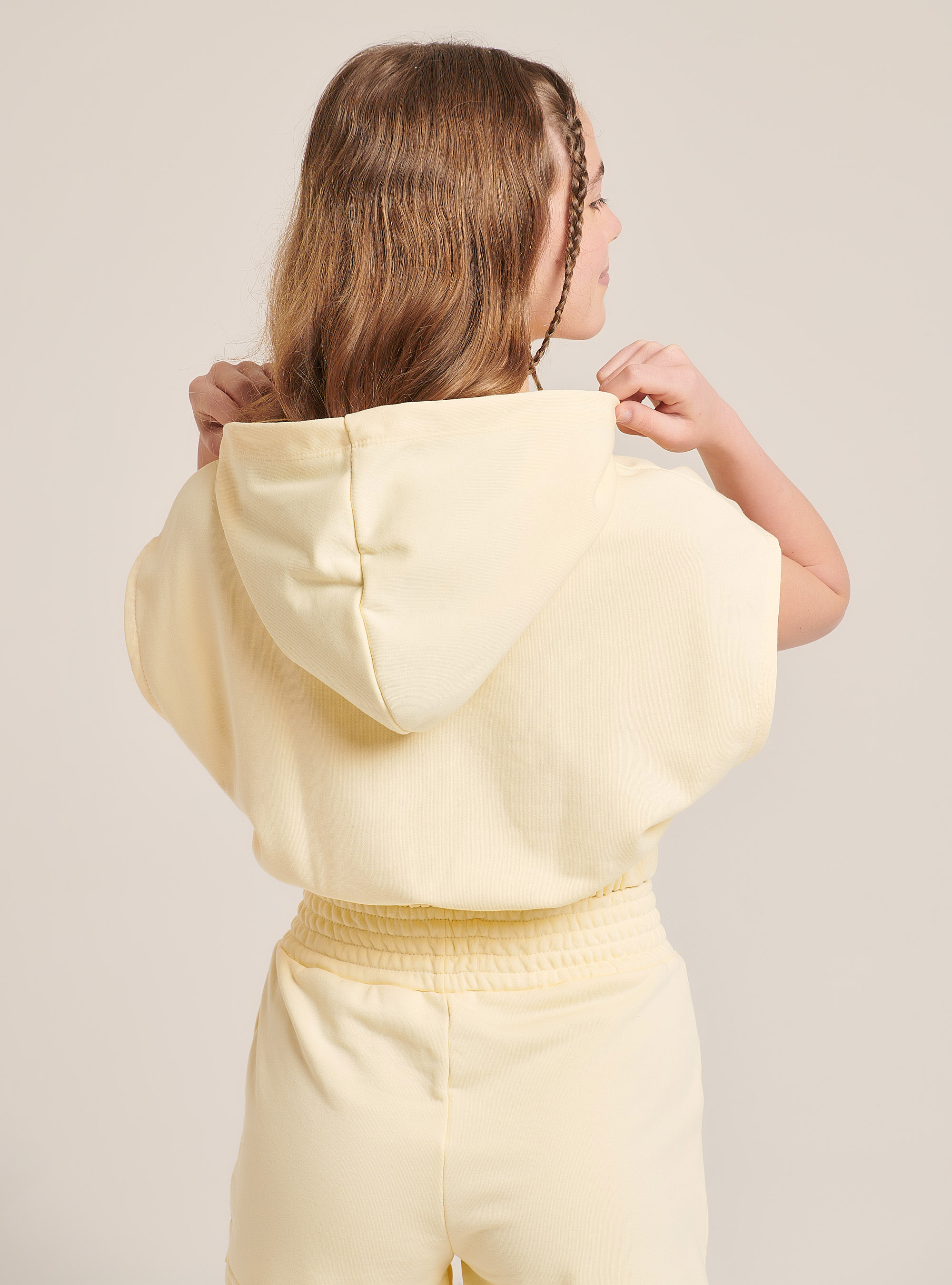 College crop sweatshirt with hood and lettering print, C7757 YELLOW