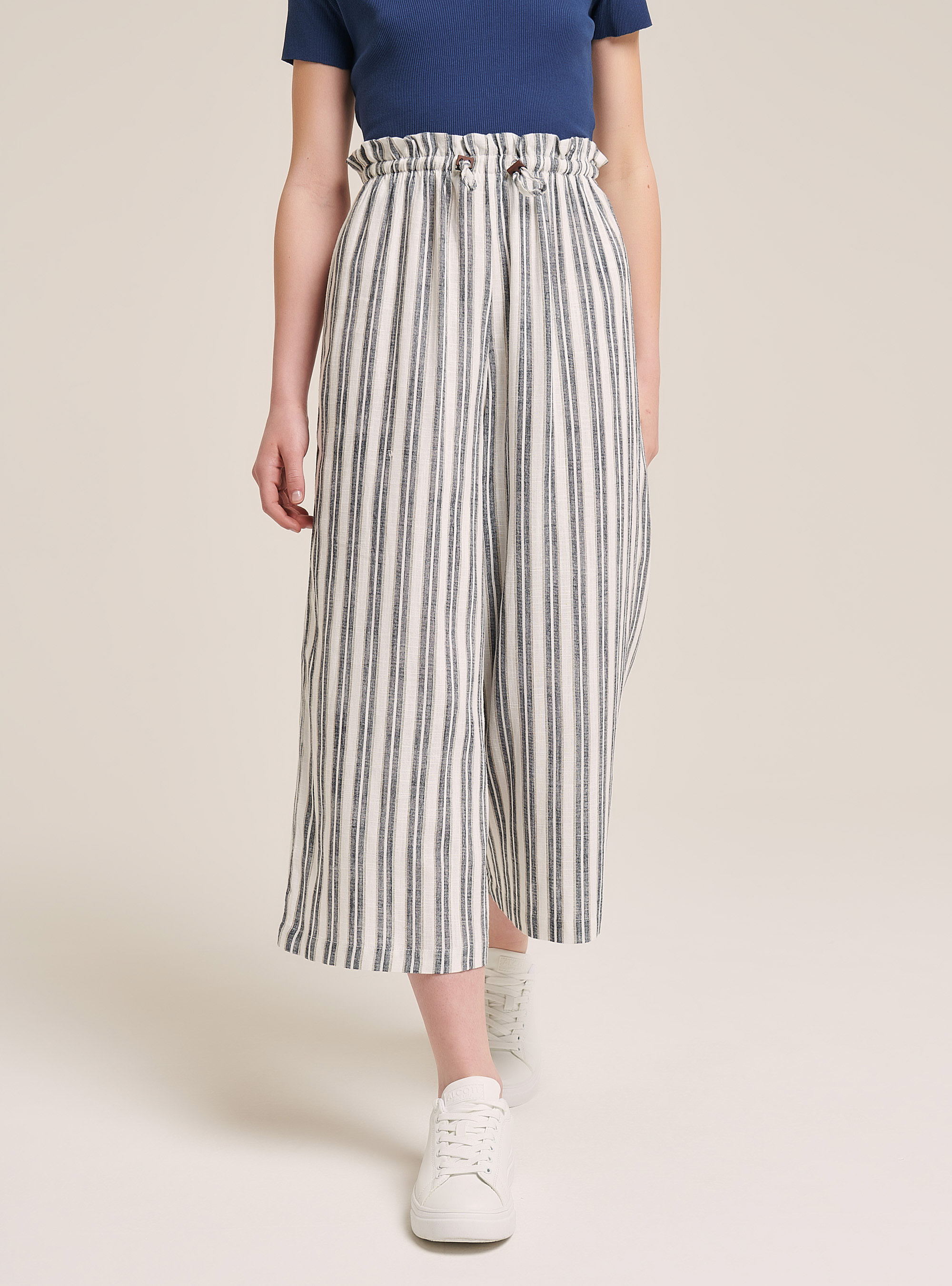 Pantaloni culotte a righe in misto lino, MULTICOLORE