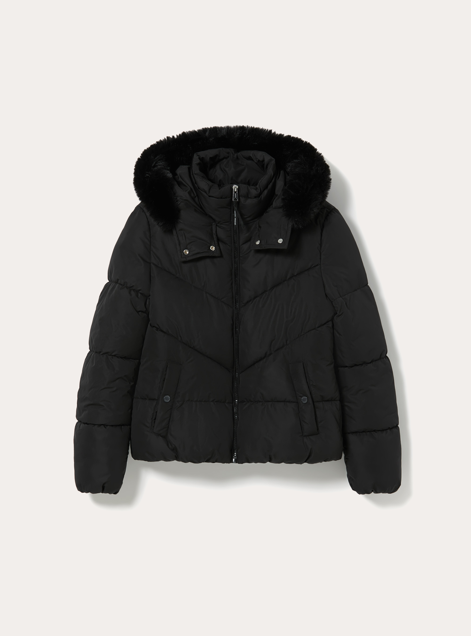 Puffy jacket with faux fur hood, BK1 BLACK