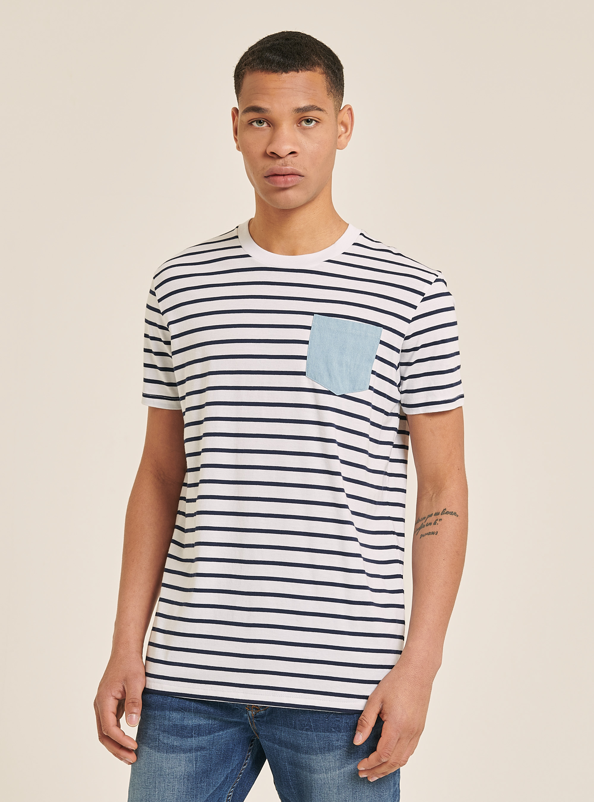 Striped T-shirt with denim pocket, MULTICOLOR