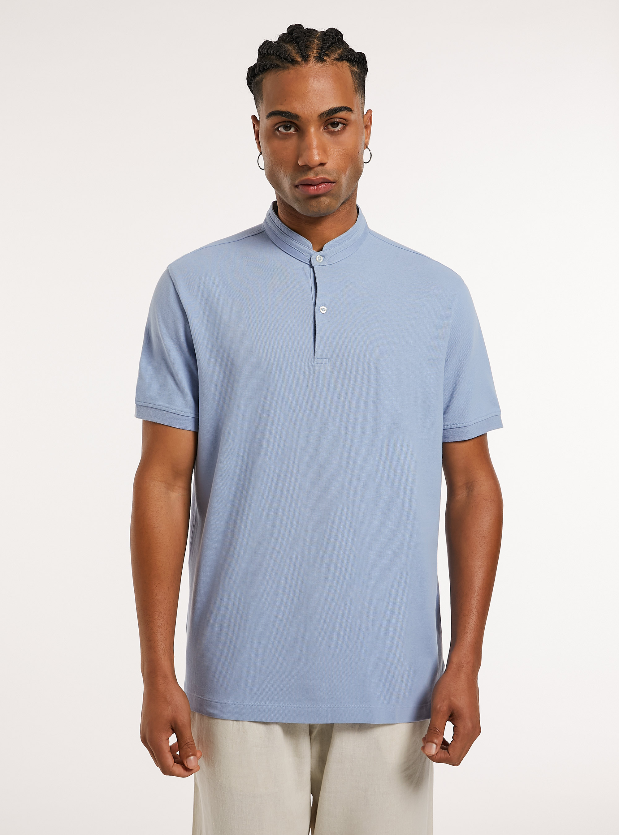 Mandarin Collar Cotton Polo Shirt, AZ2 AZURE MEDIUM