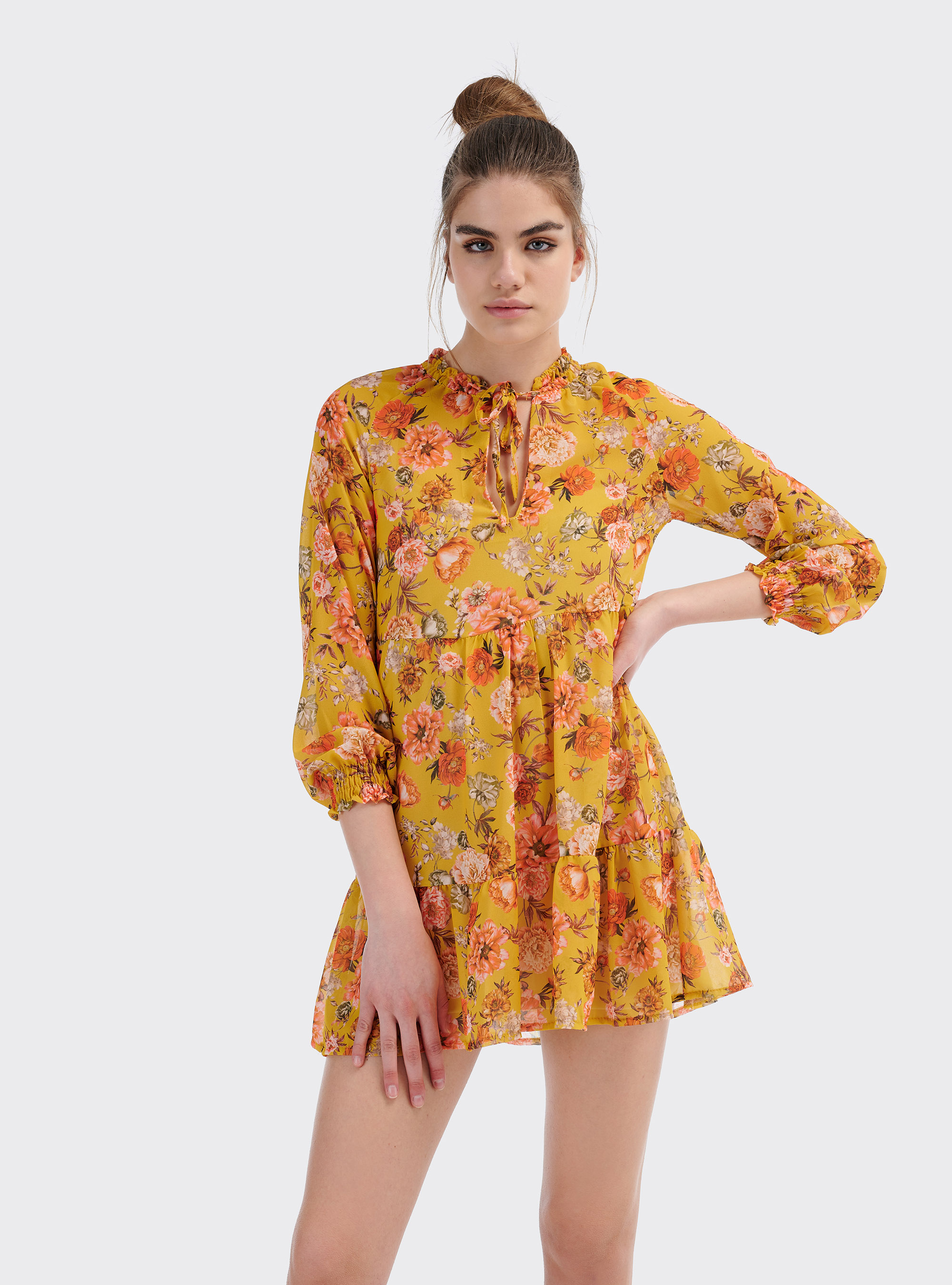 Mini floral dress  with long sleeves, YELLOW