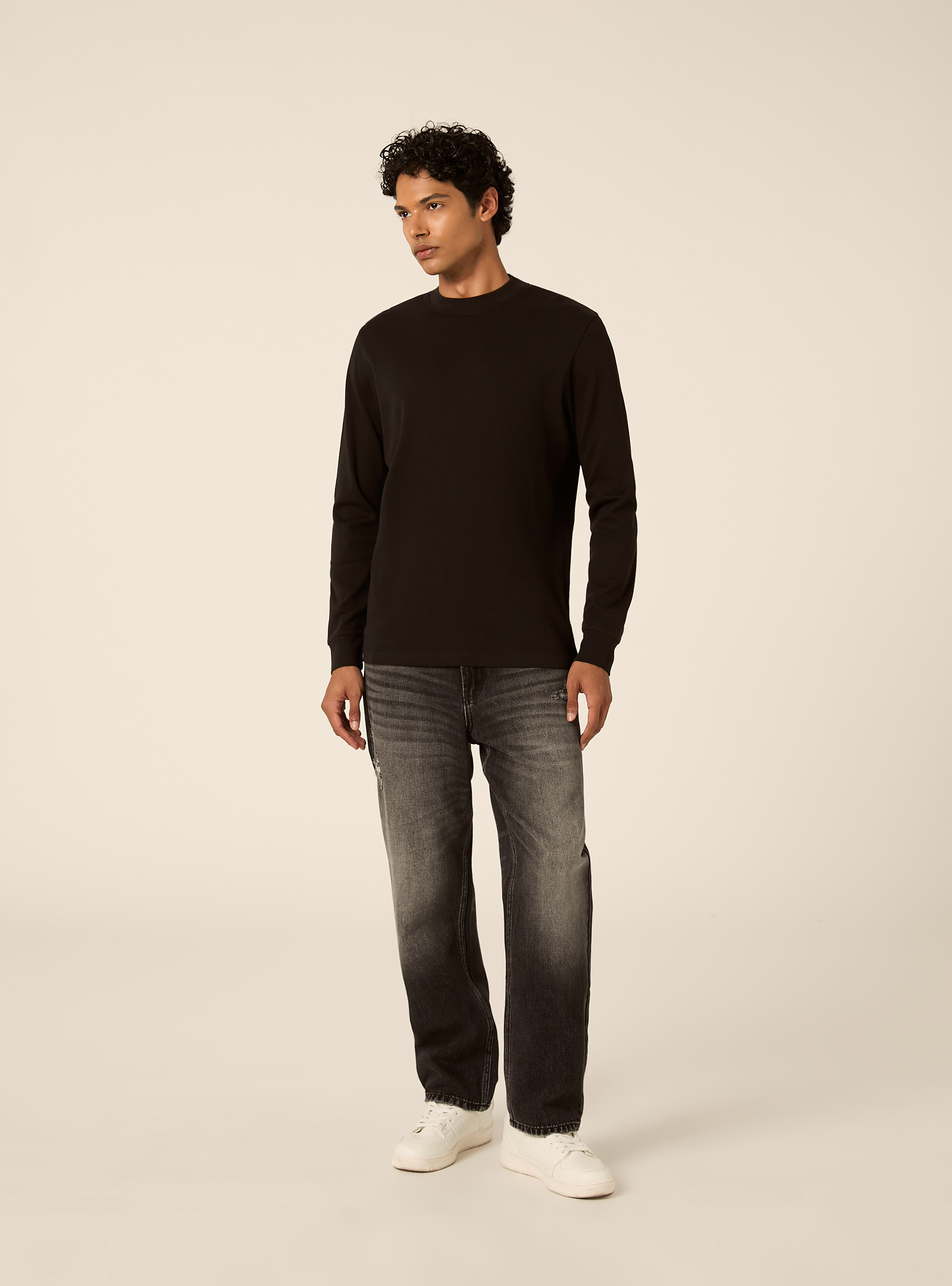 Maglia girocollo maniche lunghe interlock, NERO