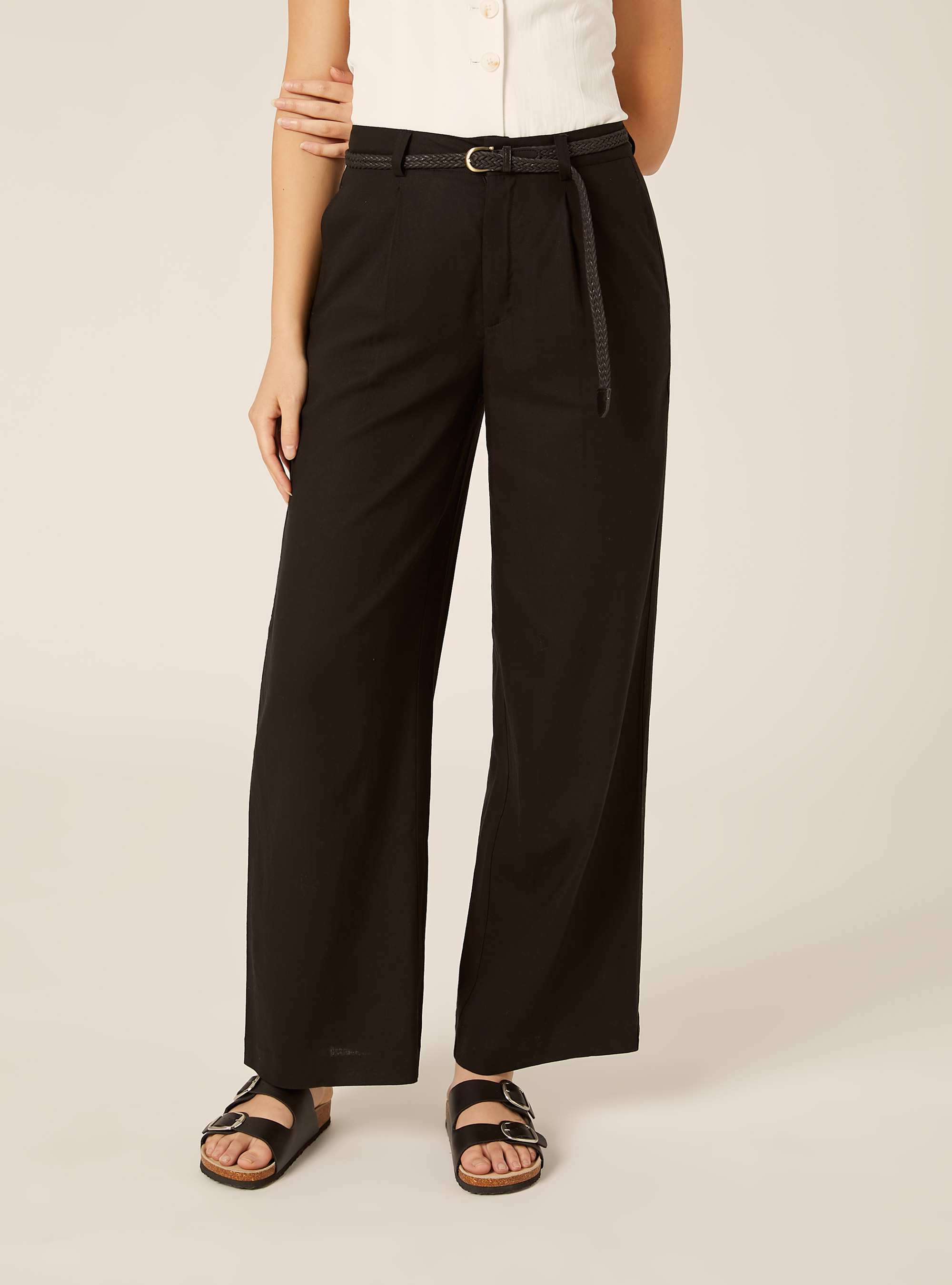 Linen Blend Trousers with Belt, BK1 BLACK
