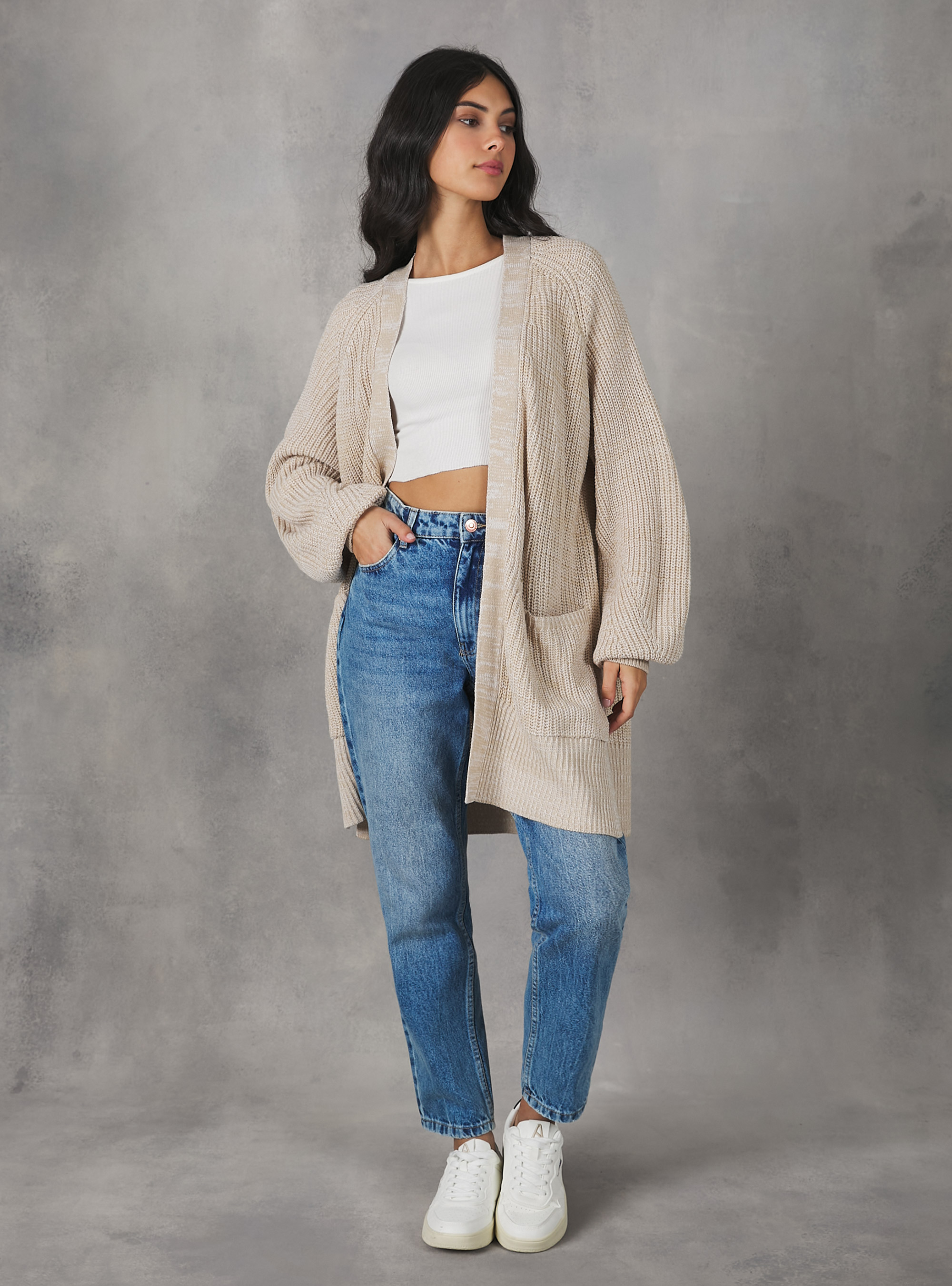 Cardigan lungo con tasche, C0577 SAND