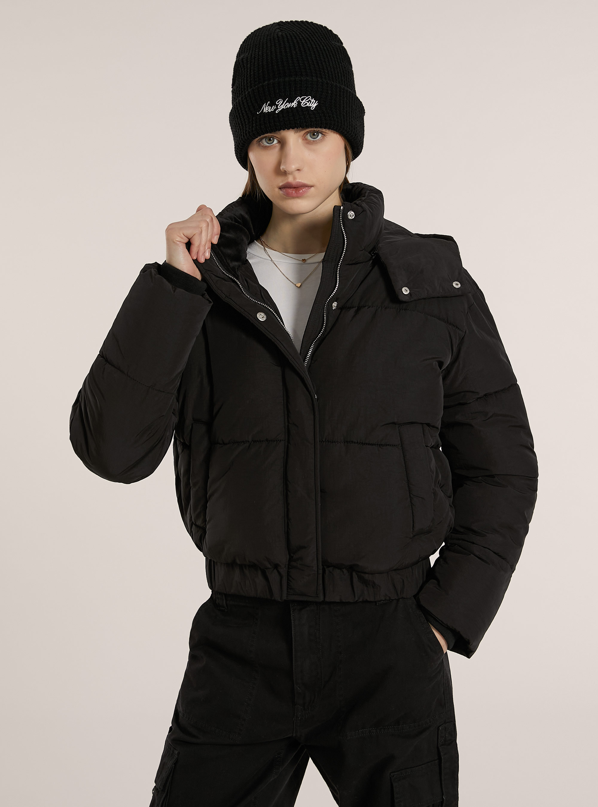 Puffy jacket with removable hood, BK1 BLACK