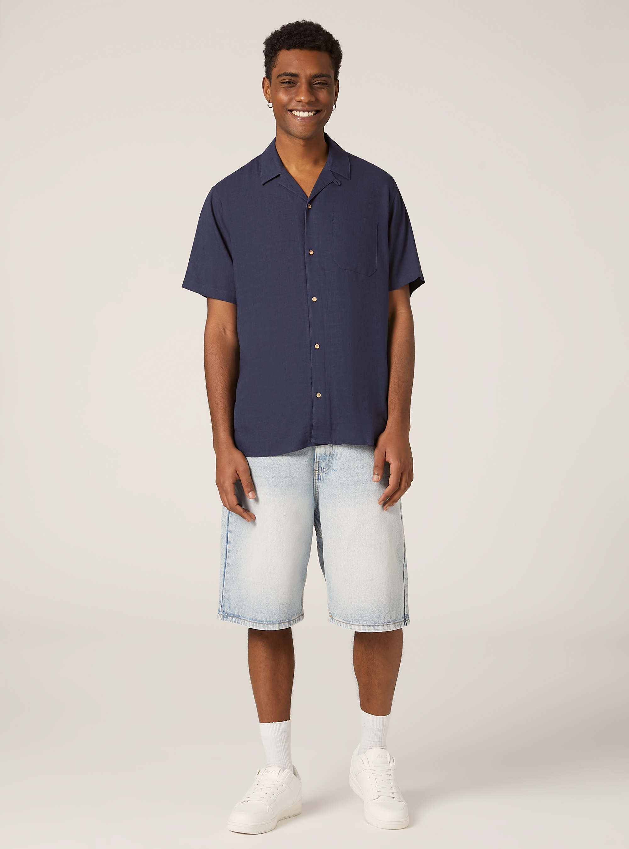 Chemise en lin mélangé avec col bowling, BL2 BLUE MEDIUM