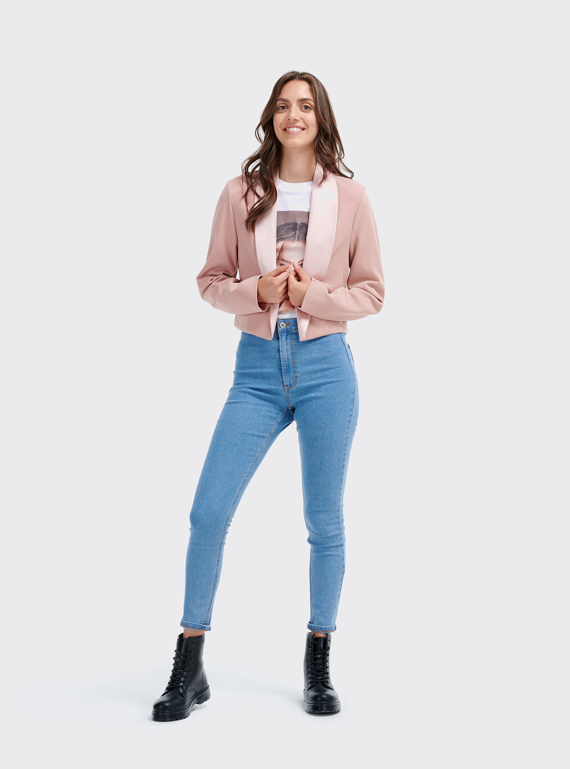 Blazer cropped con rever in ras, C4404 PINK