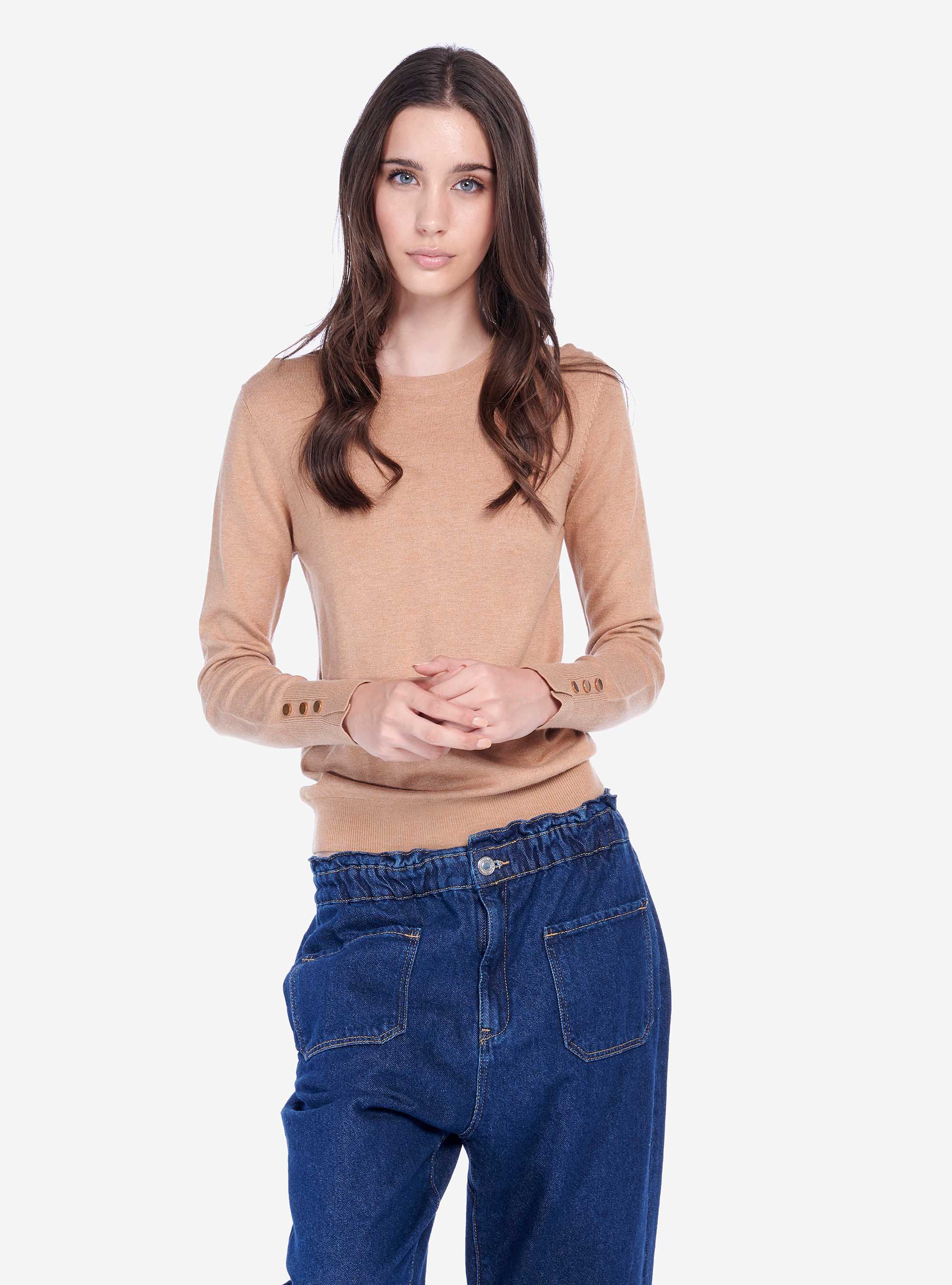 Pull oversize &agrave; col rond avec boutons aux poignets, C528 BROWN