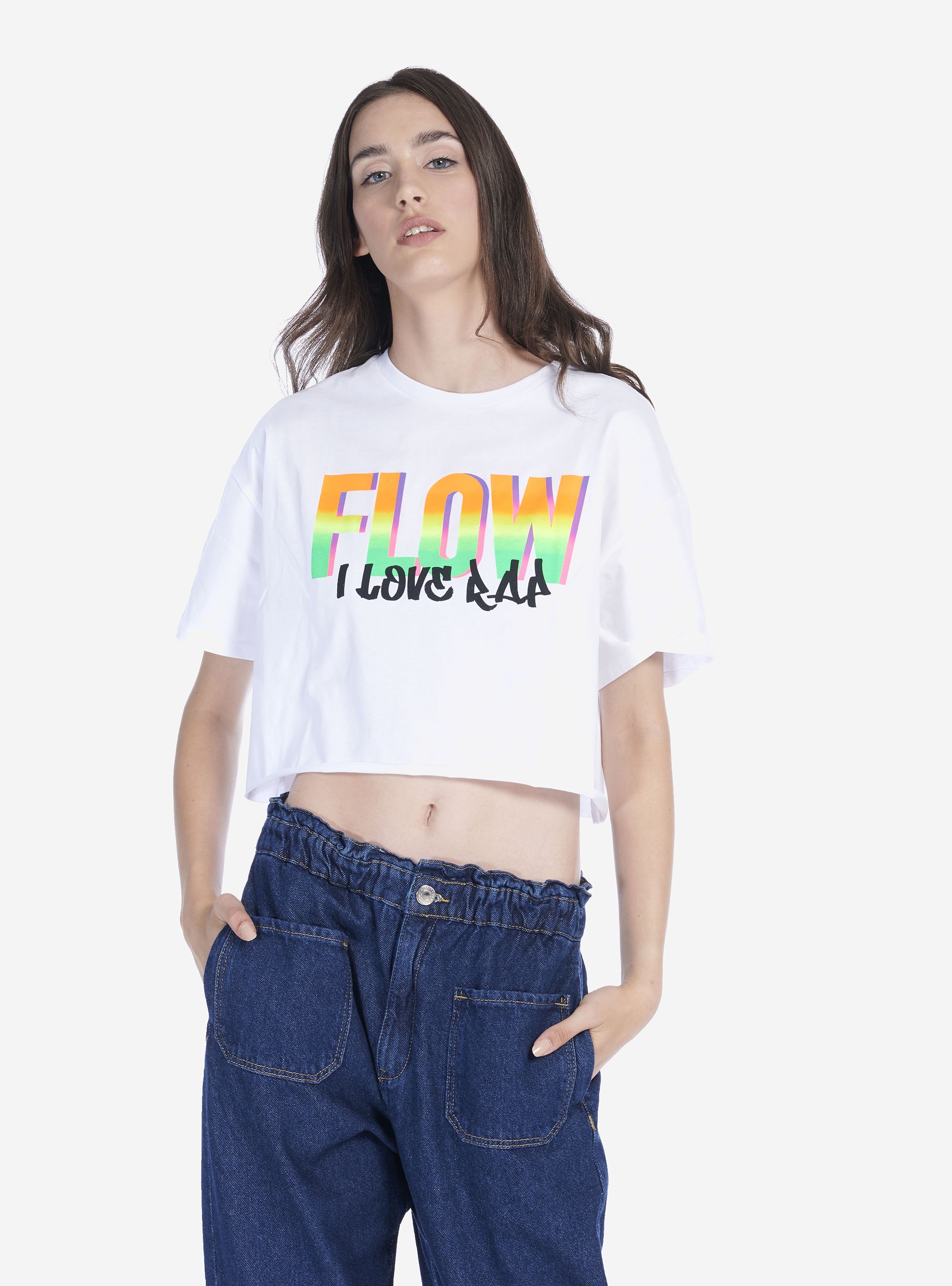 T-shirt crop con stampa fluo, BIANCO