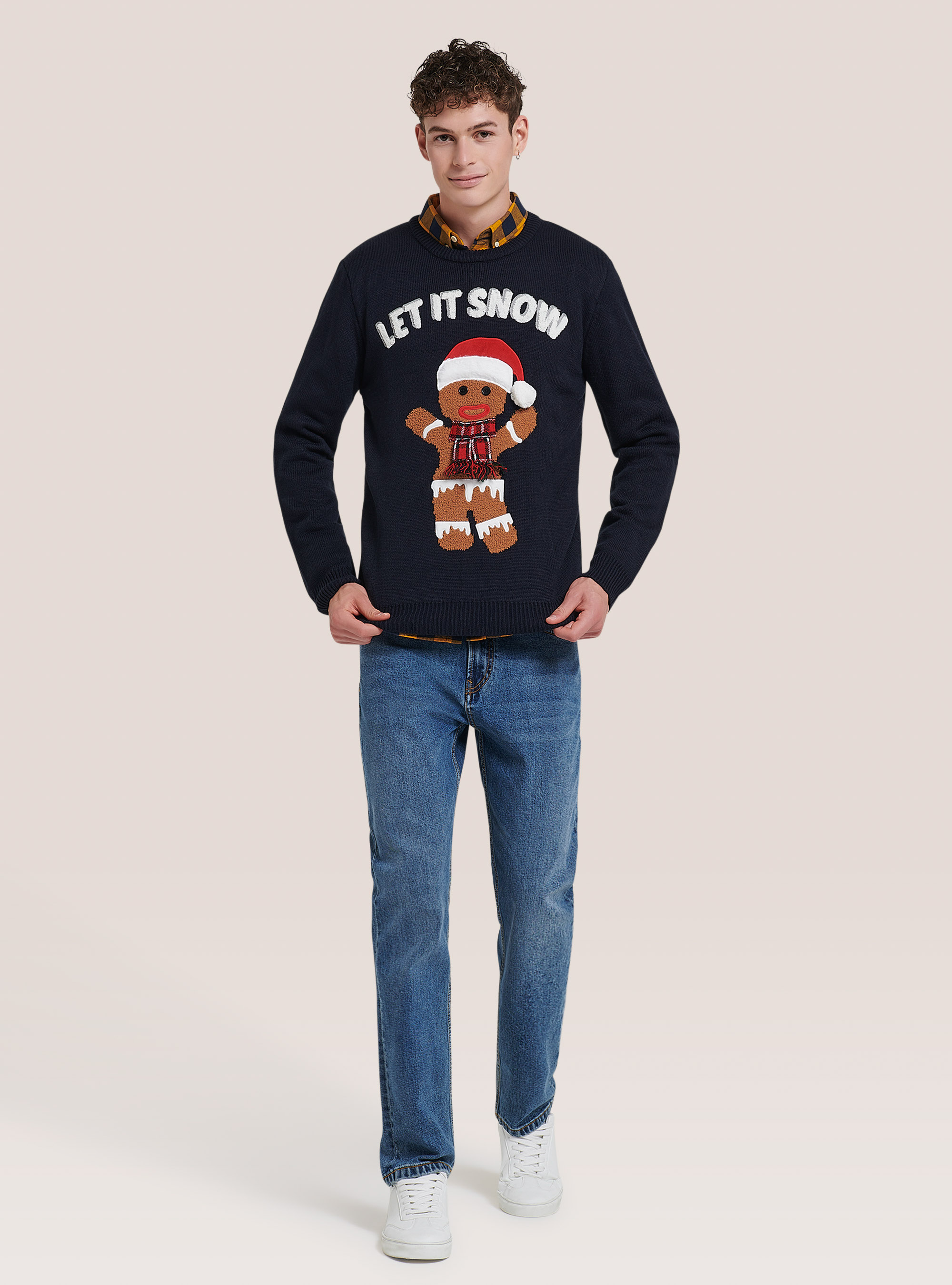 Christmas crew-neck pullover with gingerbread man, BLUE NAVY