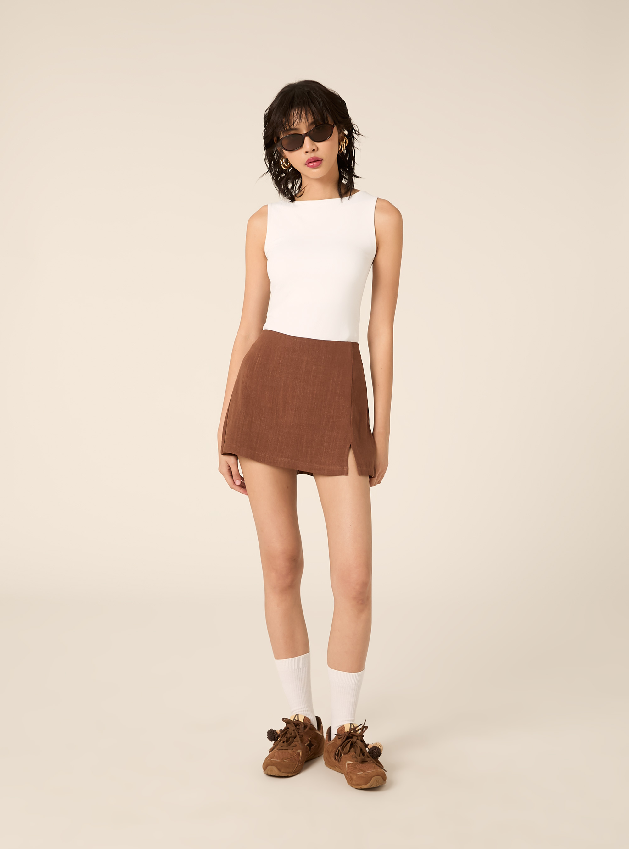 Skort in misto lino, BR3 BROWN LIGHT