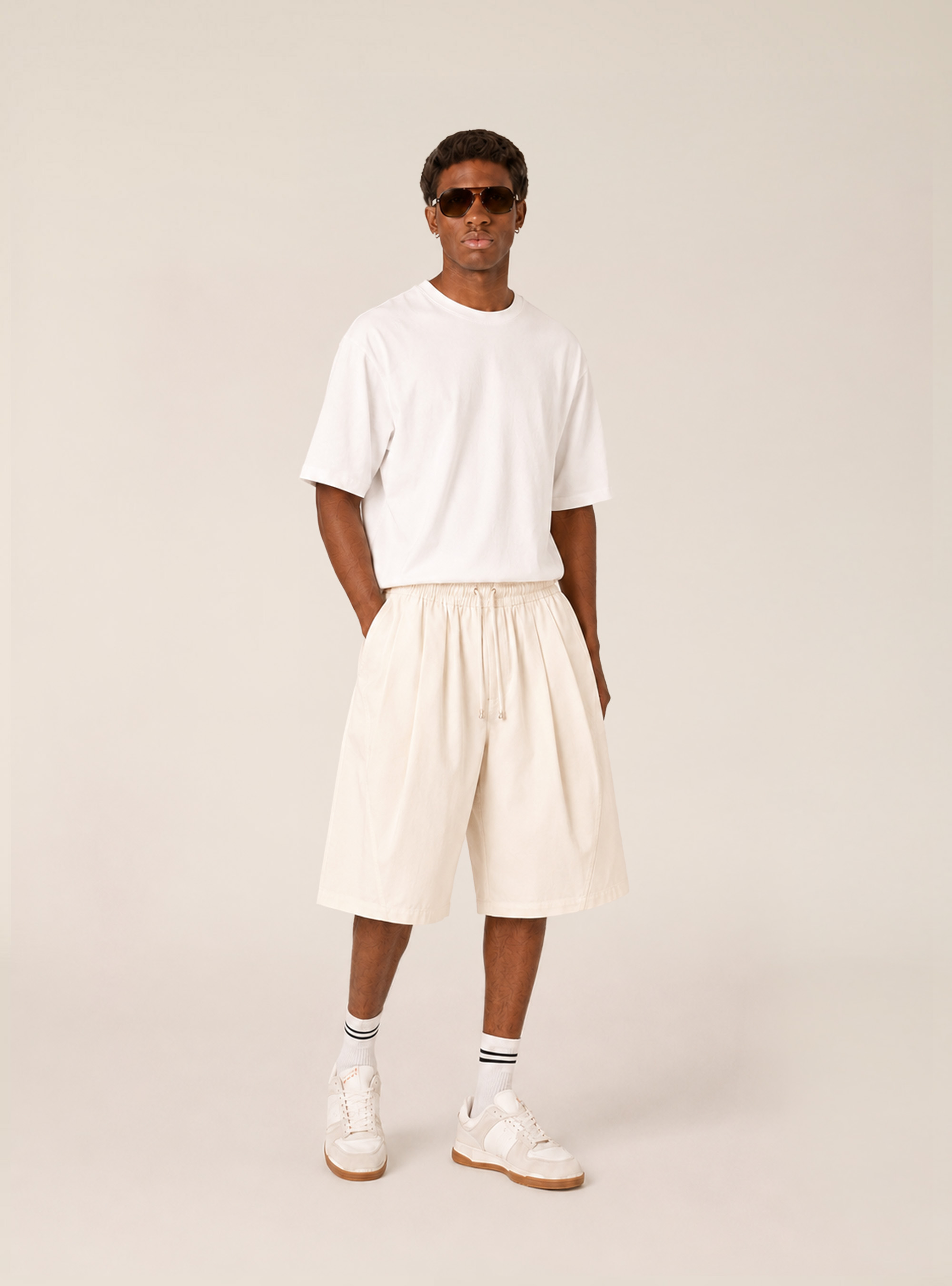 Bermuda baggy con pince misto cotone, CREMA CHIARO