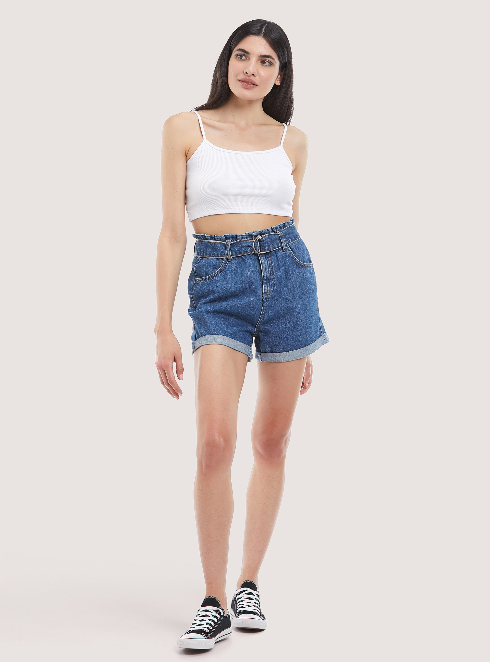 Denim shorts with strap, D003 MEDIUM BLUE