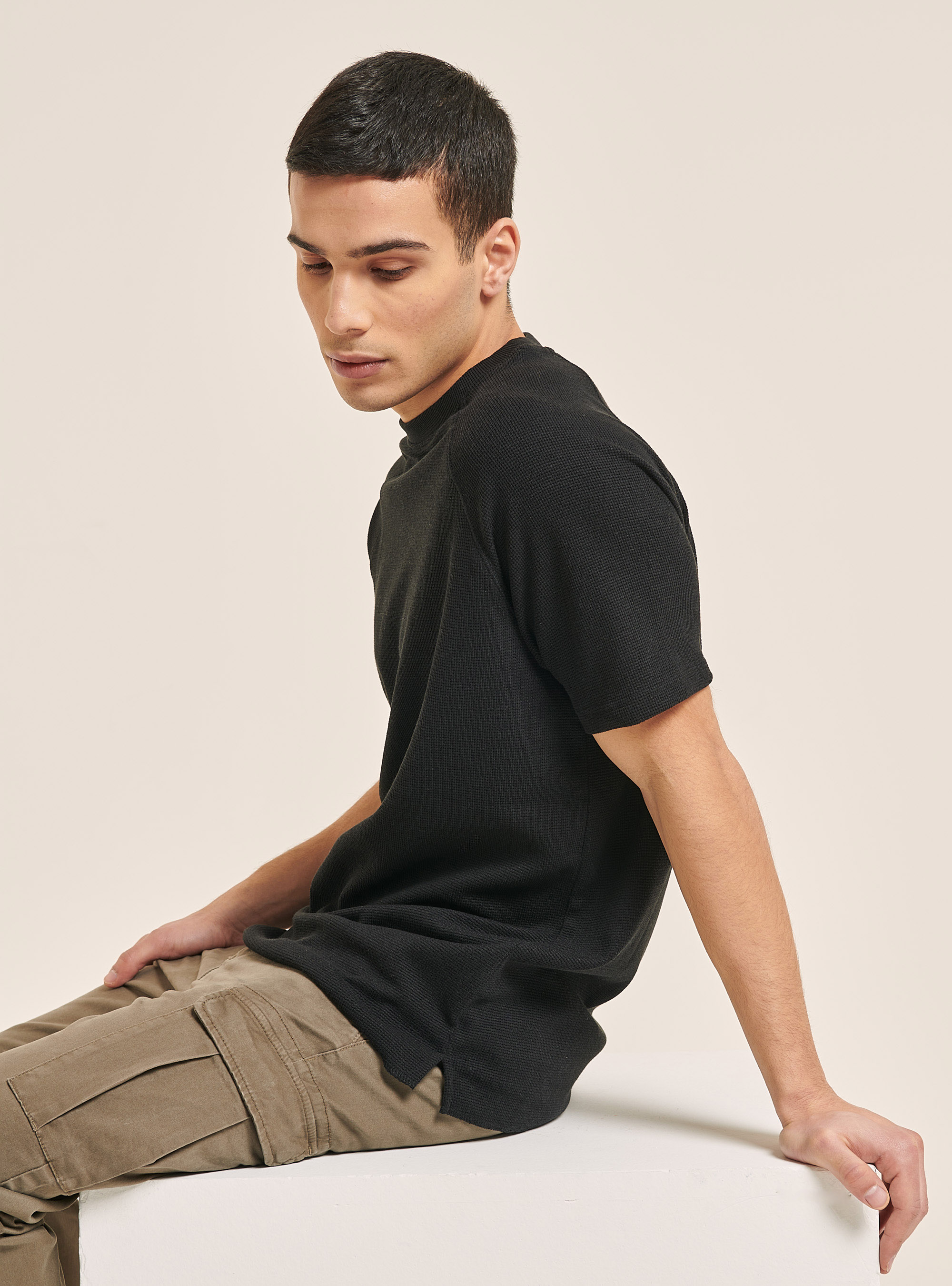 Textured cotton T-shirt, BK1 BLACK