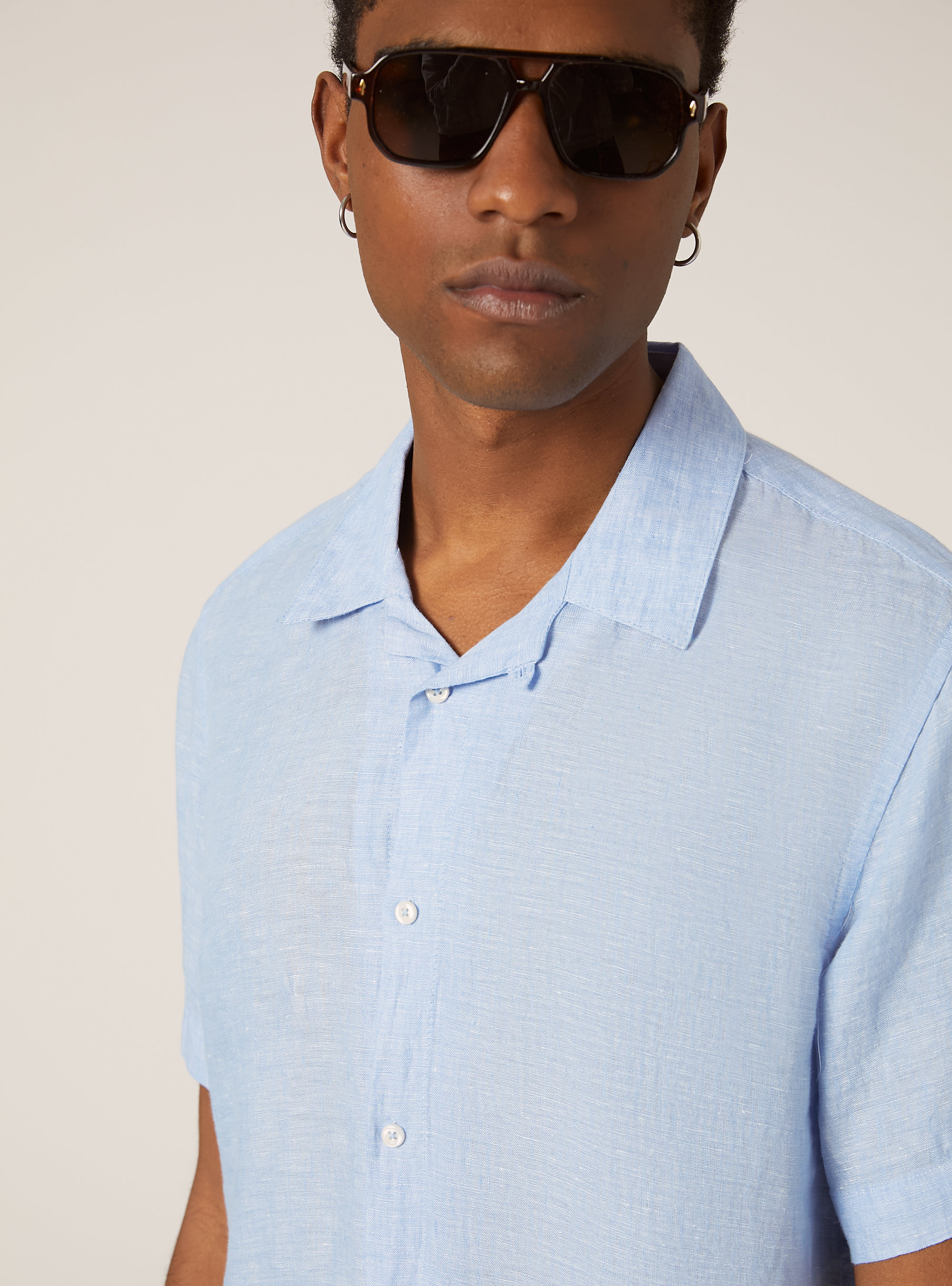 Camisa de manga corta de puro lino, CELESTE