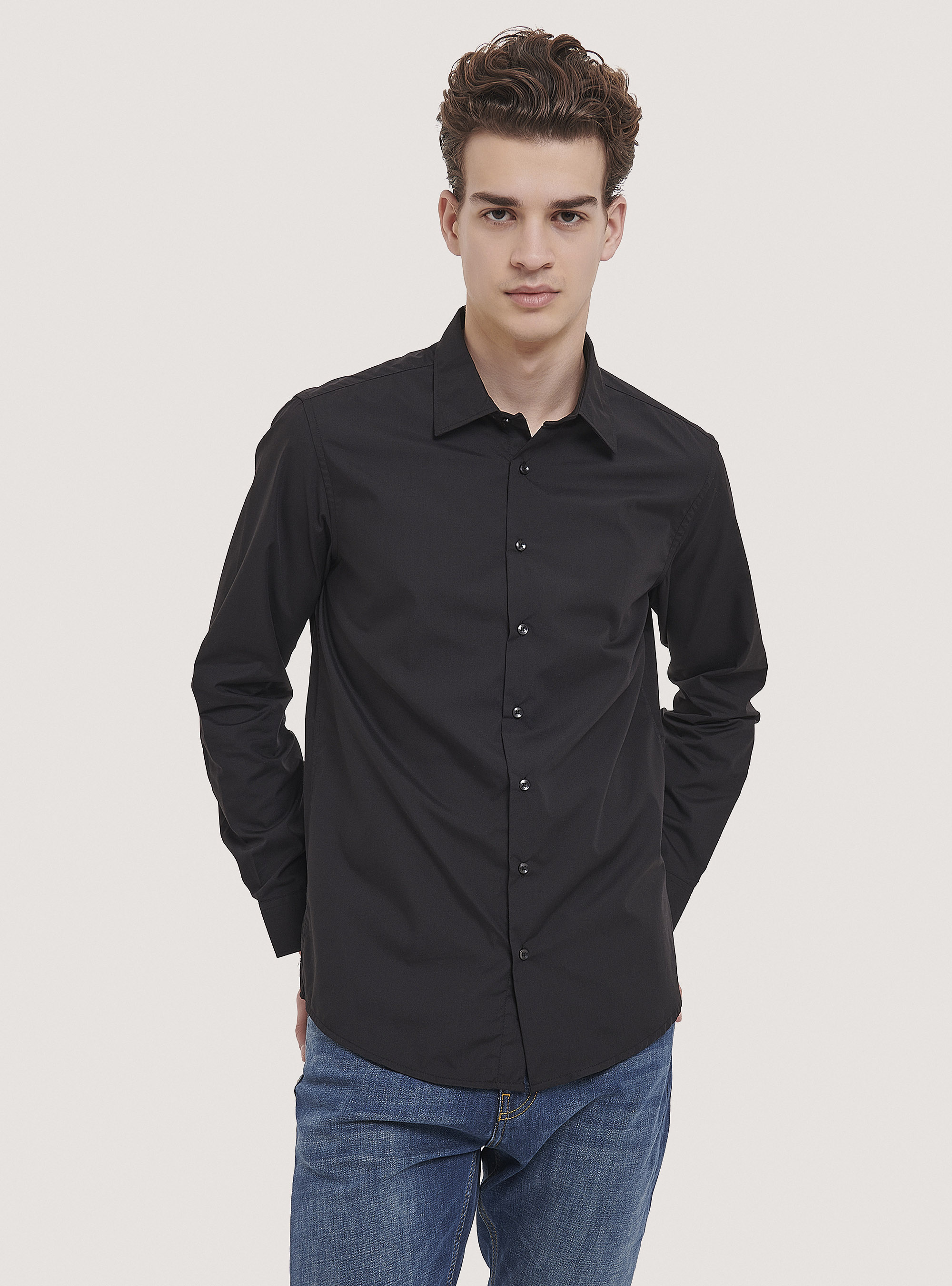 Camicia a manica lunga in tinta unita, BLACK